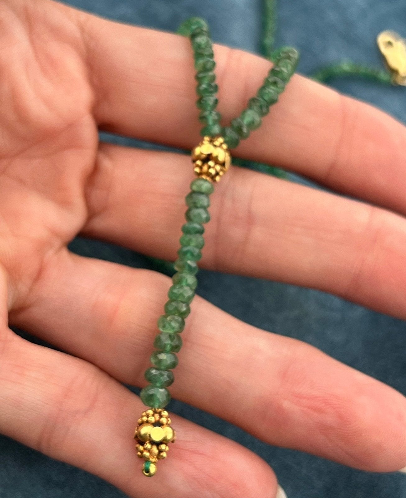 Emerald Briolette Necklace w 18k Etruscan Beads + Clasp