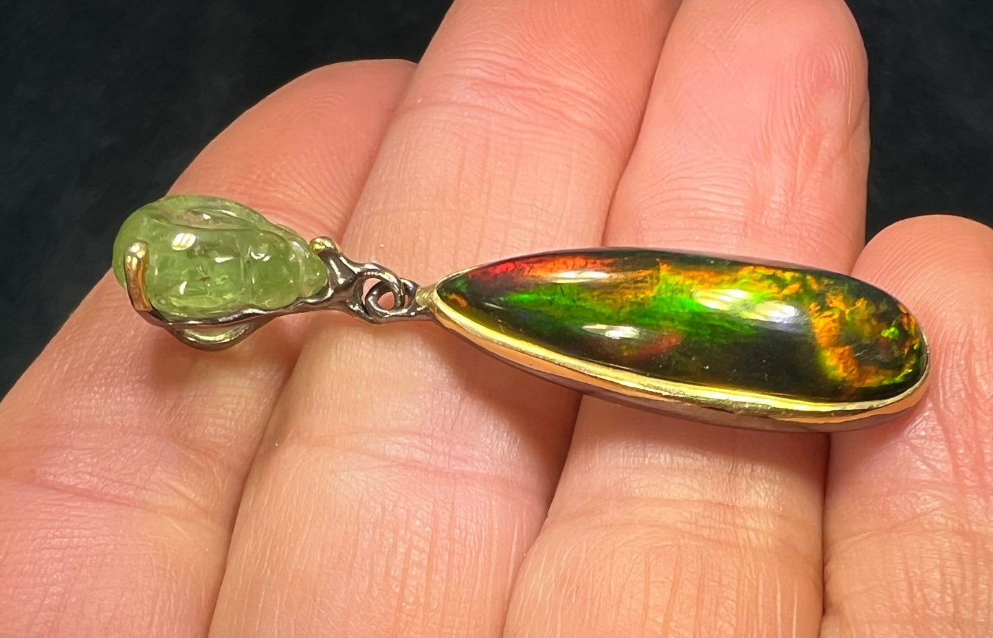 Ethiopian Black Opal Pendant w Carved Frog. Large Teardrop 1.8" *Video*