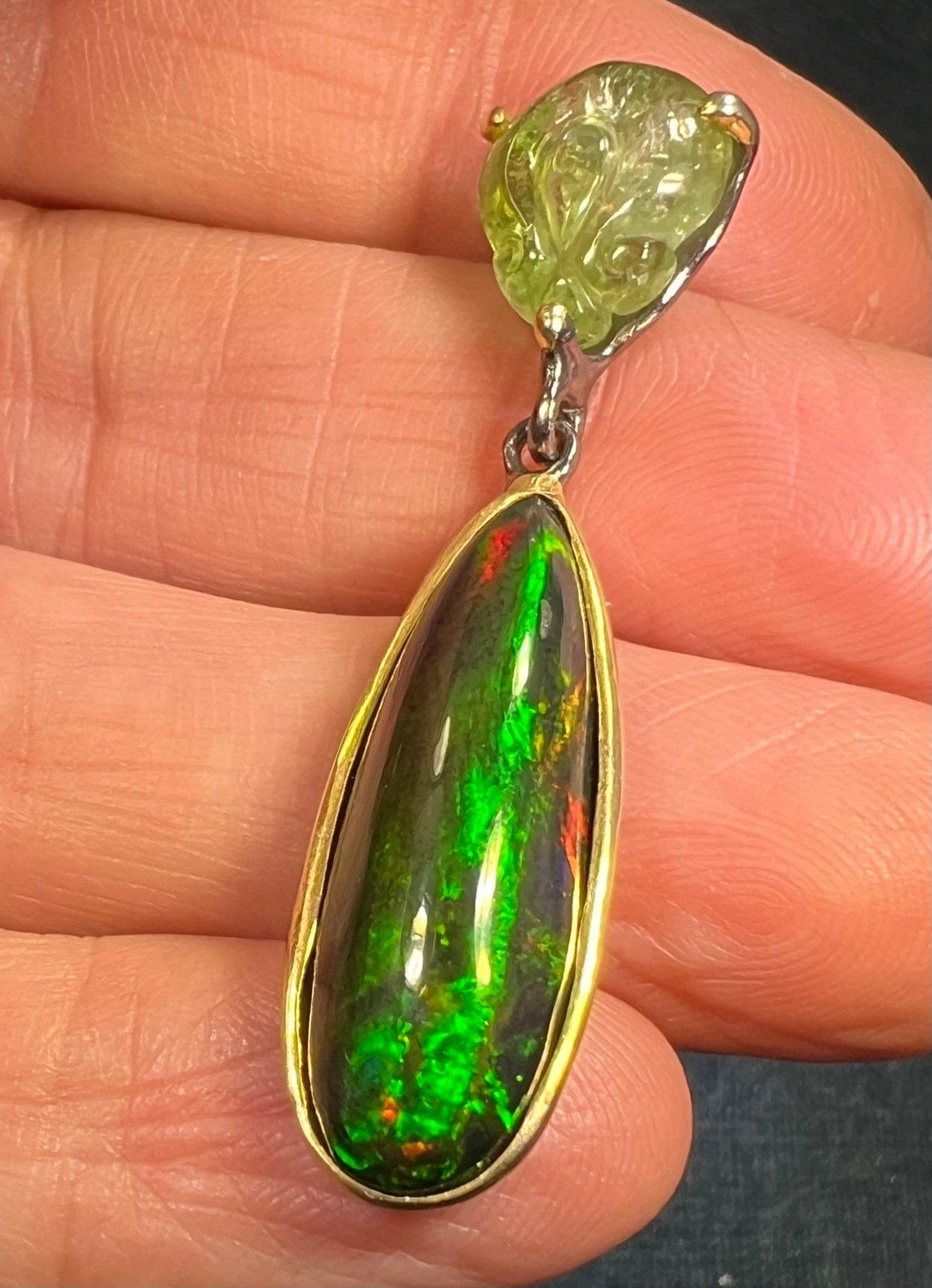 Ethiopian Black Opal Pendant w Carved Frog. Large Teardrop 1.8" *Video*