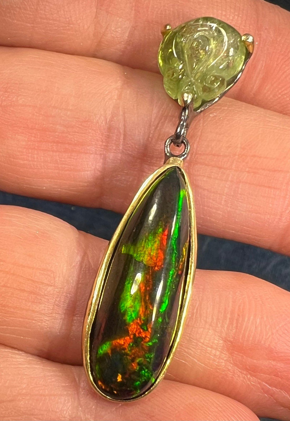 Ethiopian Black Opal Pendant w Carved Frog. Large Teardrop 1.8" *Video*