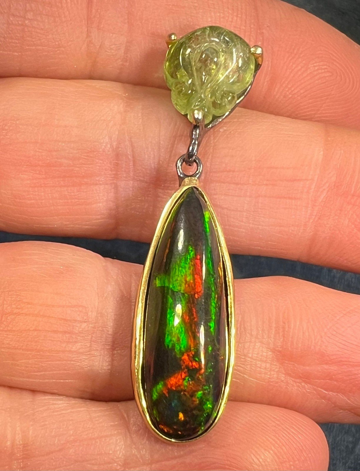 Ethiopian Black Opal Pendant w Carved Frog. Large Teardrop 1.8" *Video*