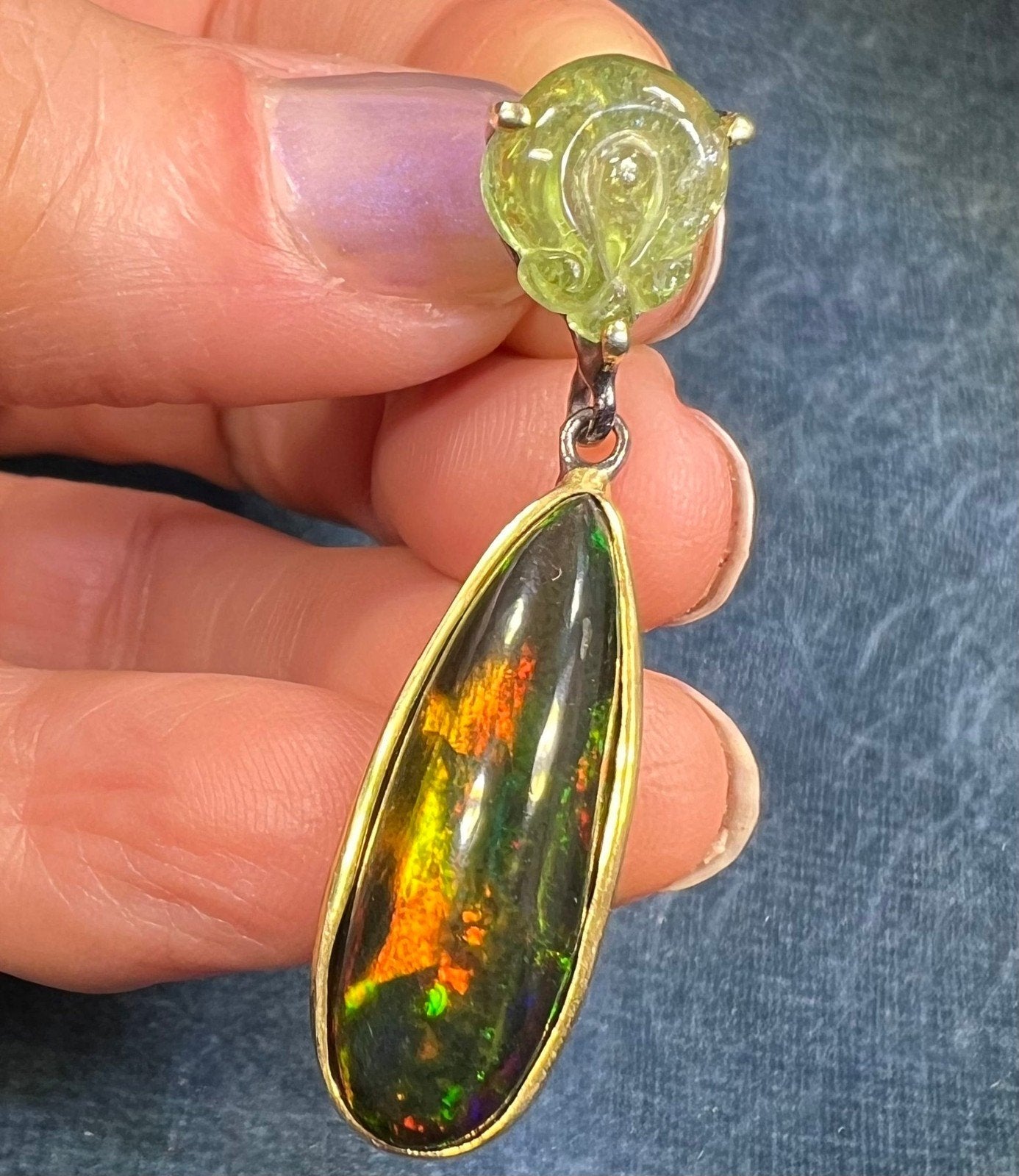 Ethiopian Black Opal Pendant w Carved Frog. Large Teardrop 1.8" *Video*