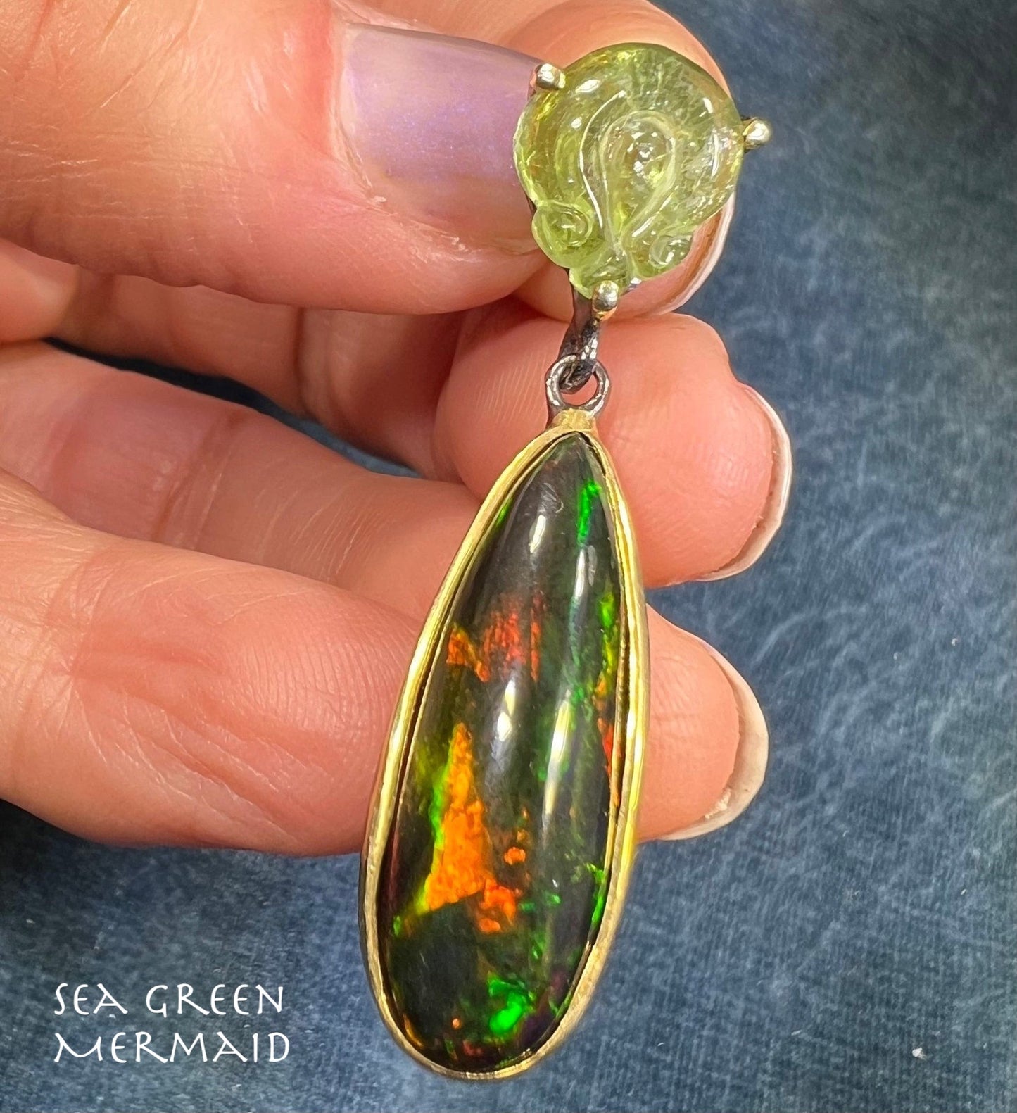 Ethiopian Black Opal Pendant w Carved Frog. Large Teardrop 1.75" *Video*