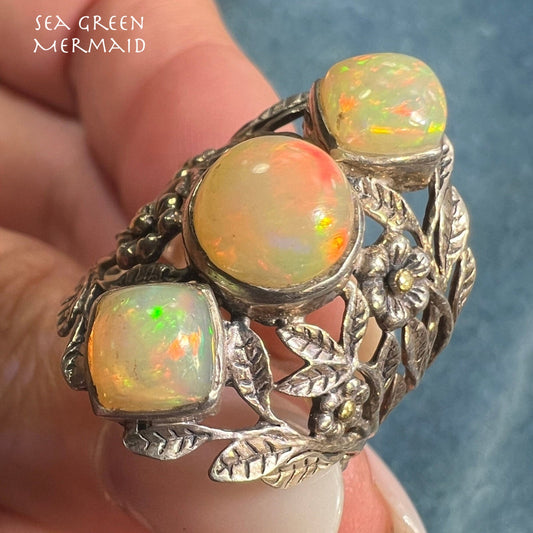 Ethiopian Jelly Opals 1" Wide Flower Band. 925 Ring w 18k Gold *Video*