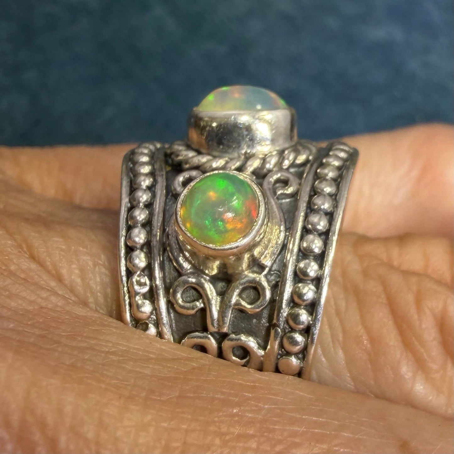 Ethiopian Jelly Opals in Silver Bali Bead Ring. Wide Band *Video*