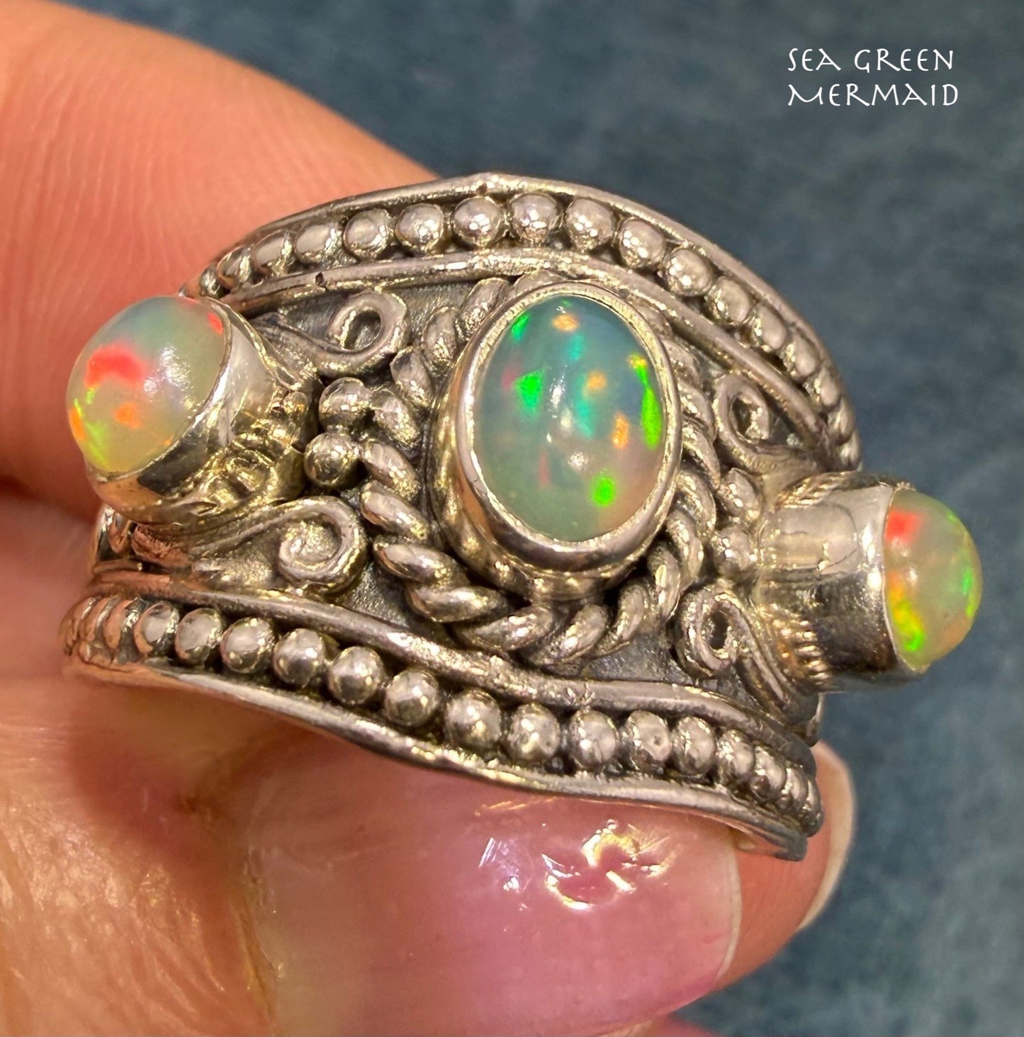 Ethiopian Jelly Opals in Silver Bali Bead Ring. Wide Band *Video*