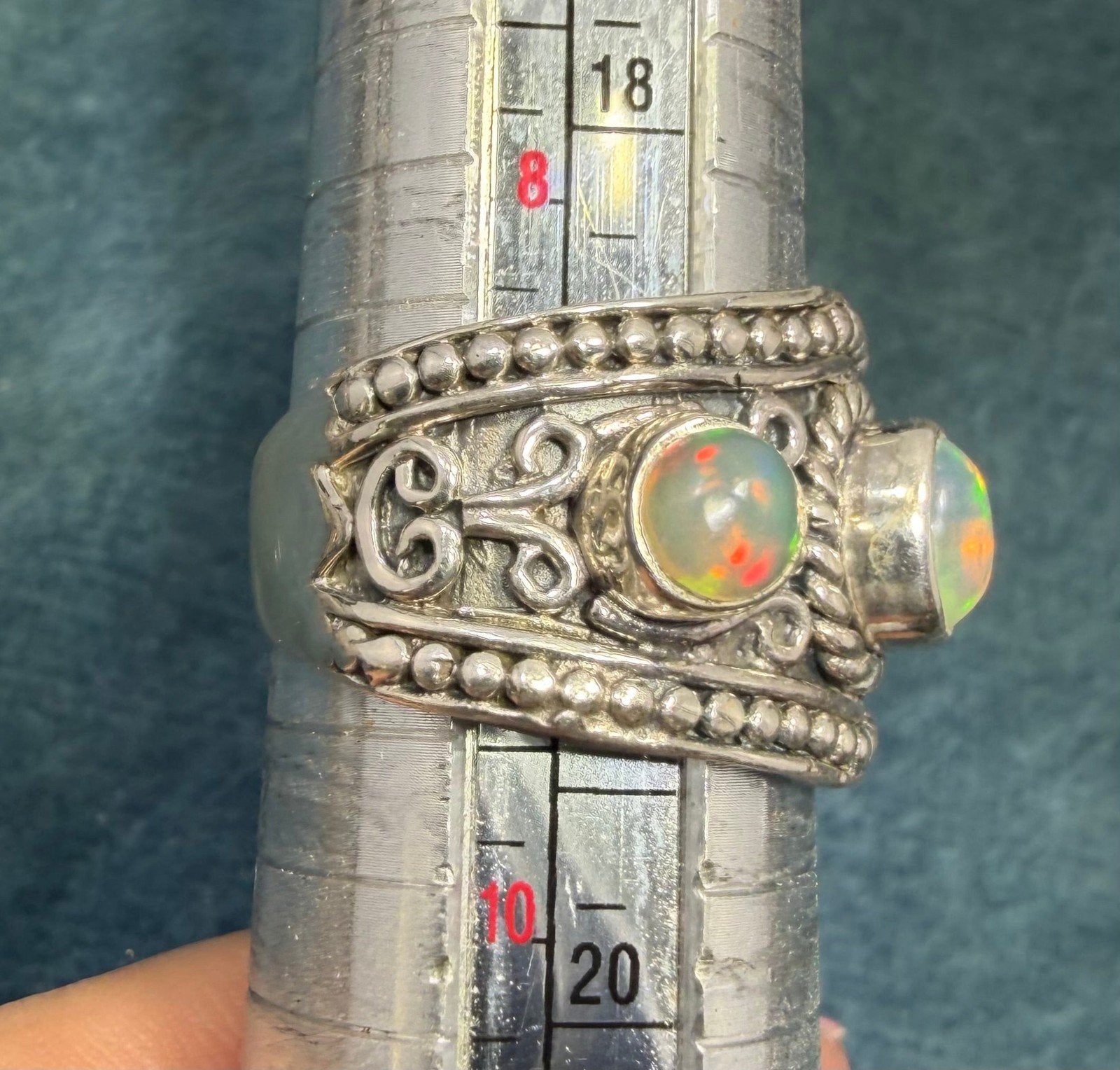 Ethiopian Jelly Opals in Silver Bali Bead Ring. Wide Band *Video*
