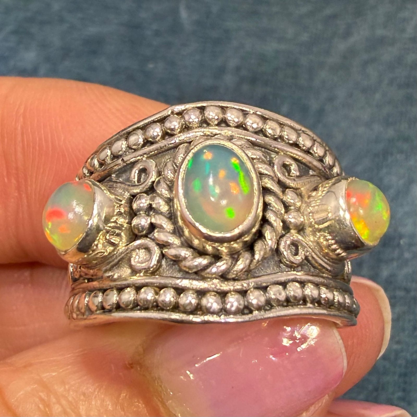 Ethiopian Jelly Opals in Silver Bali Bead Ring. Wide Band *Video*