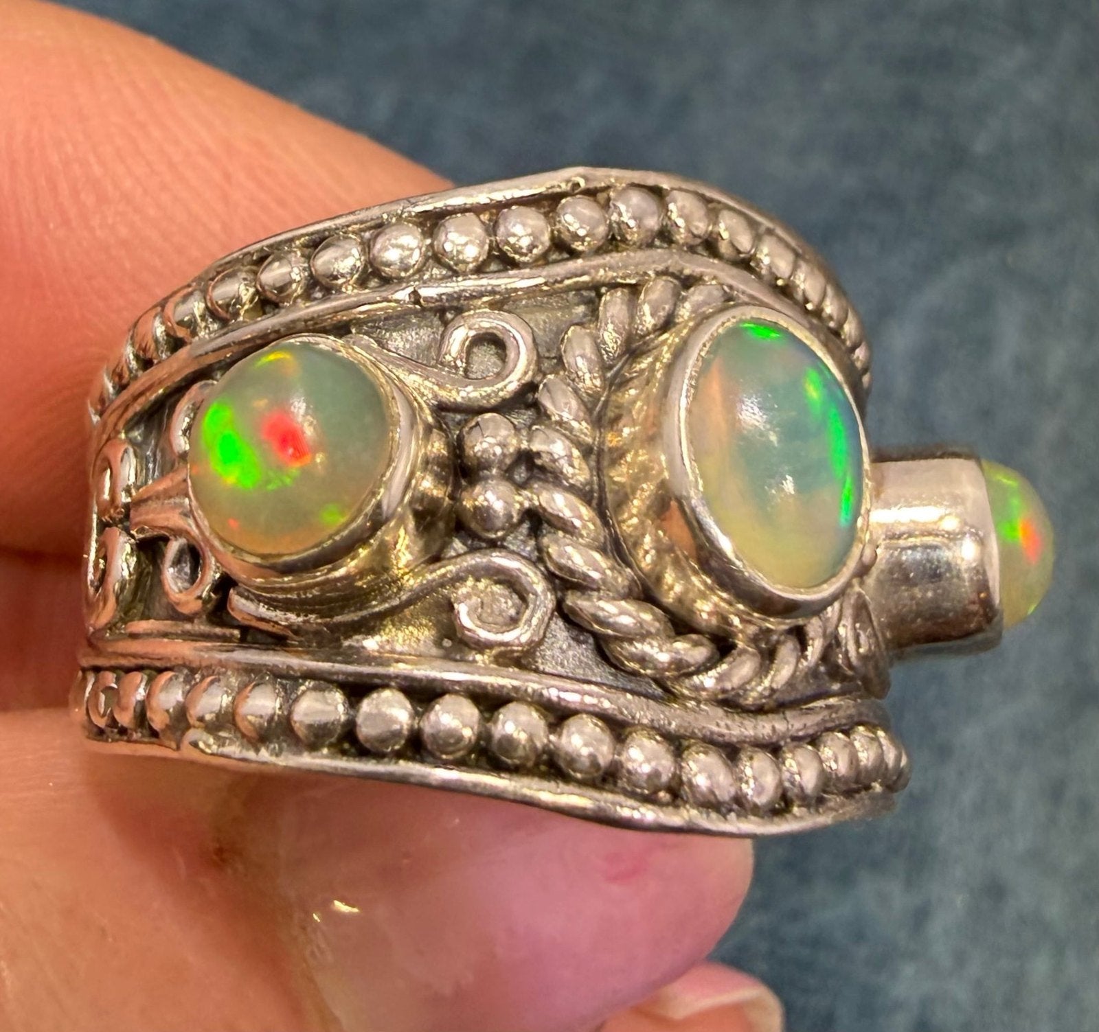 Ethiopian Jelly Opals in Silver Bali Bead Ring. Wide Band *Video*