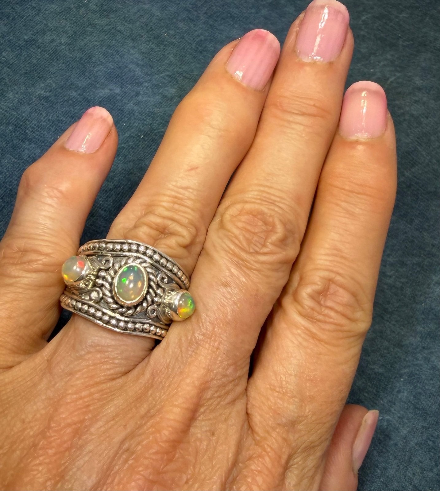 Ethiopian Jelly Opals in Silver Bali Bead Ring. Wide Band *Video*