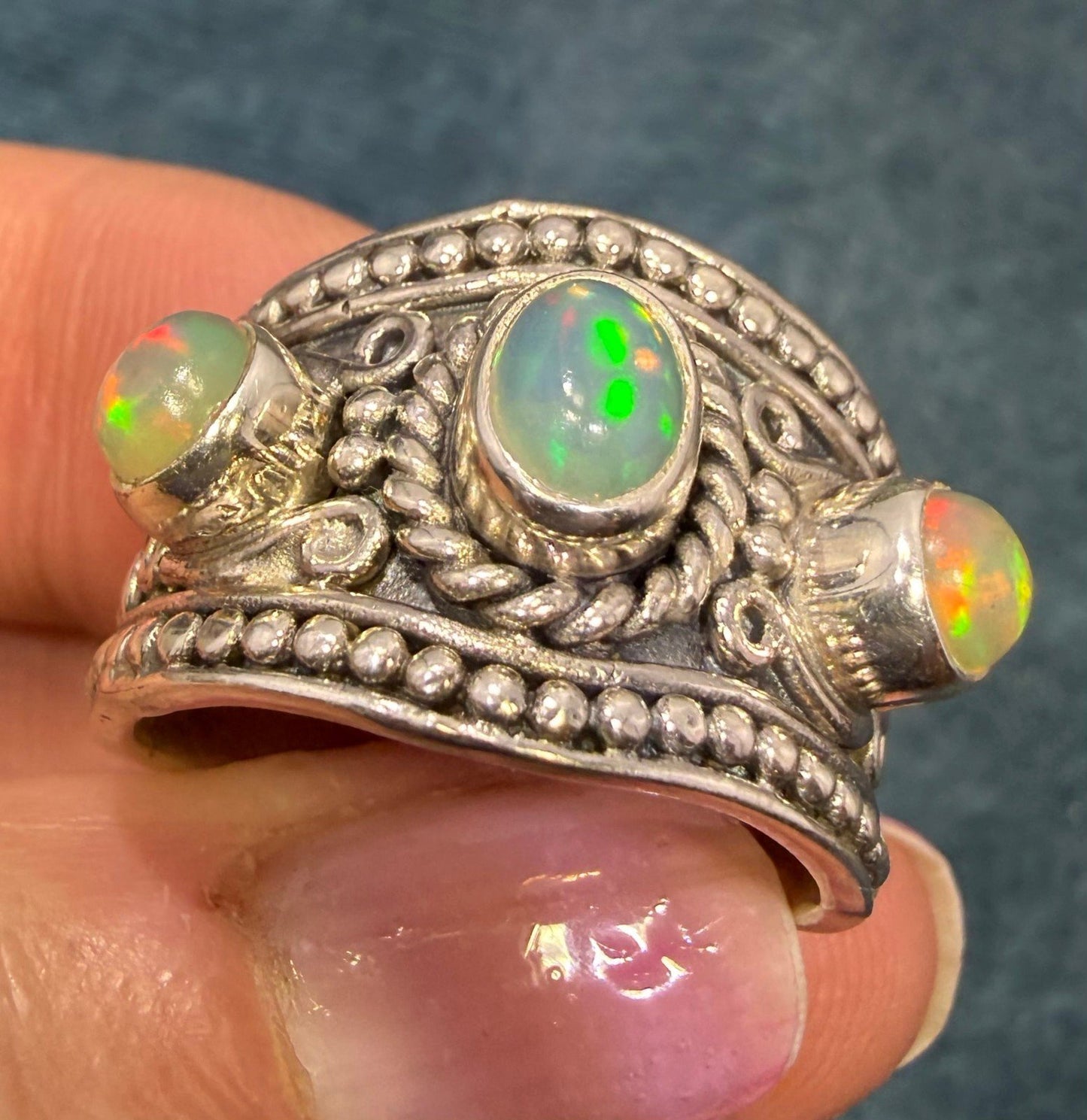 Ethiopian Jelly Opals in Silver Bali Bead Ring. Wide Band *Video*