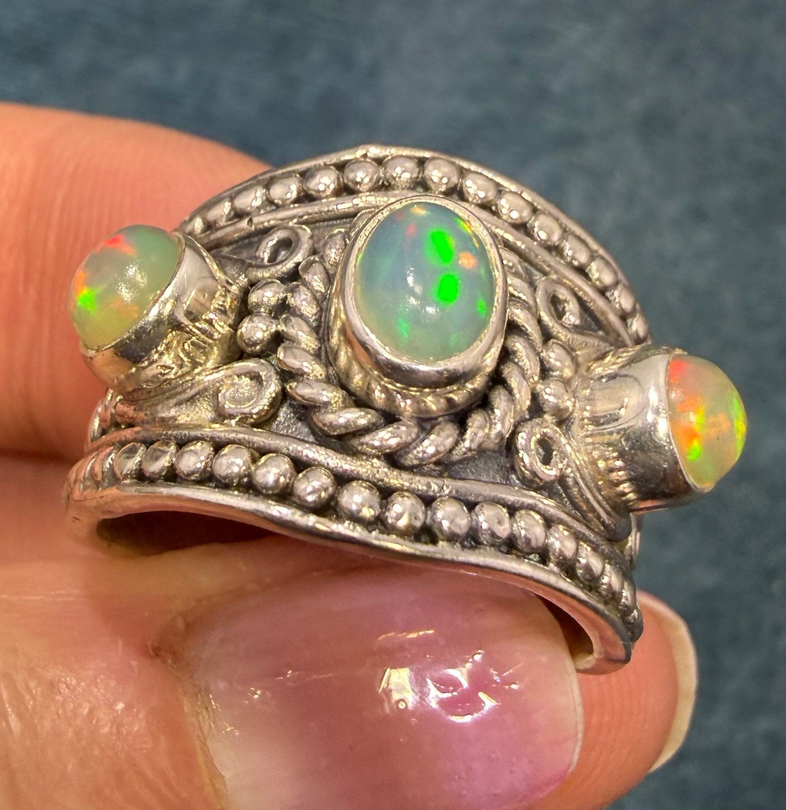 Ethiopian Jelly Opals in Silver Bali Bead Ring. Wide Band *Video*