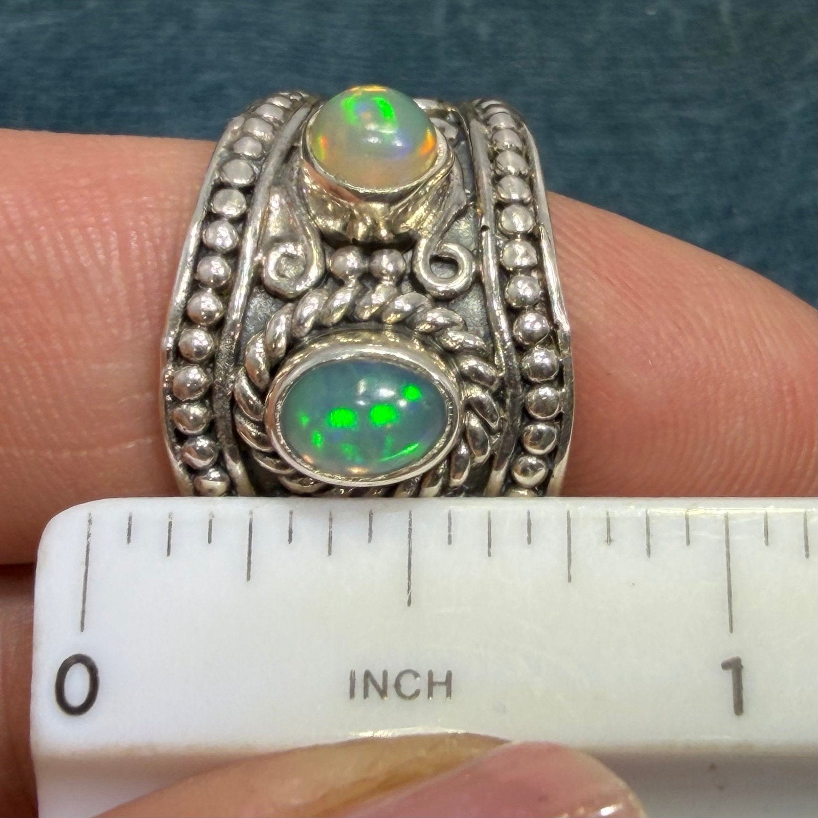 Ethiopian Jelly Opals in Silver Bali Bead Ring. Wide Band *Video*