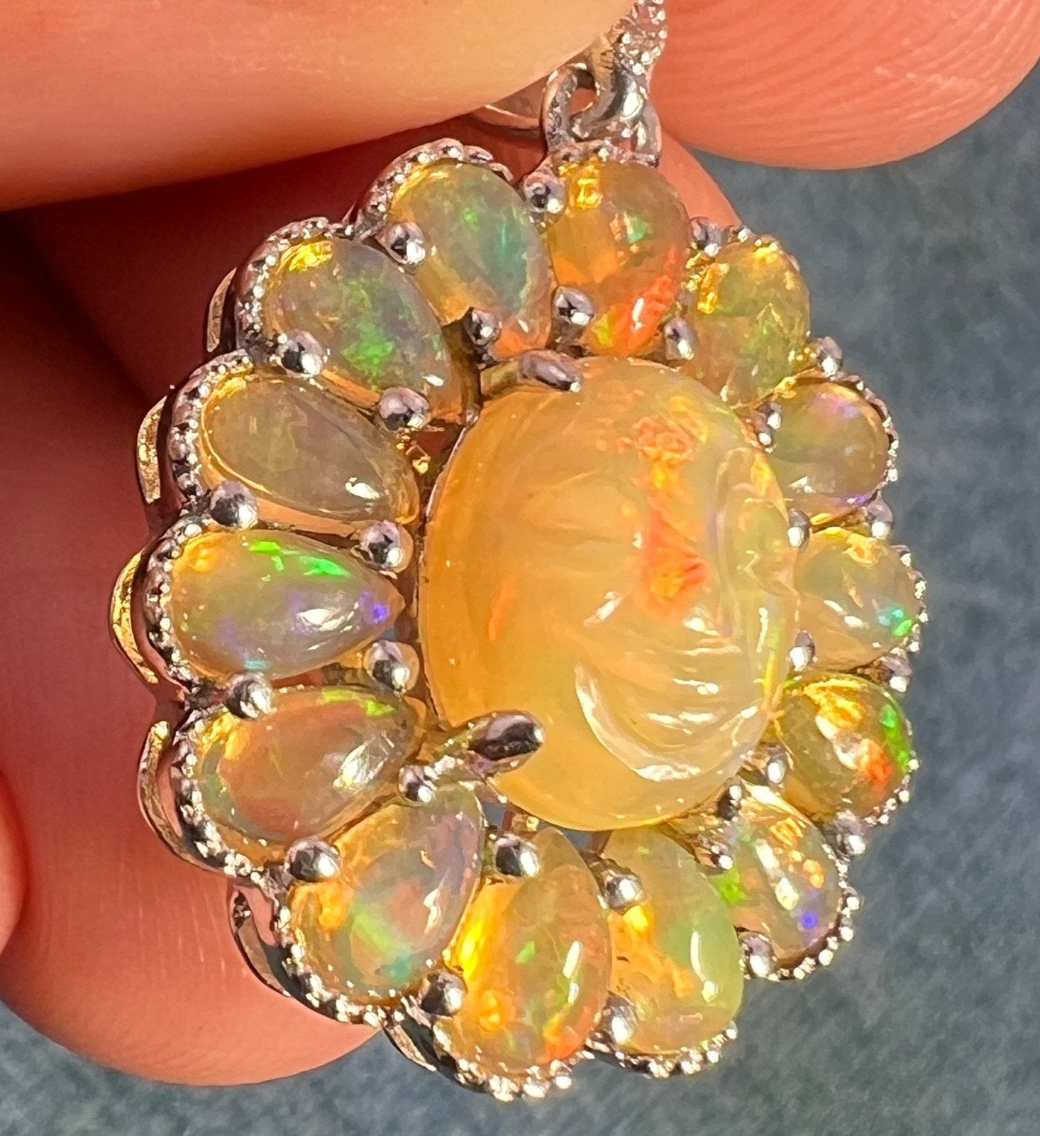 Ethiopian Opal Carved Face Moon Man Sunburst Pendant *Video*