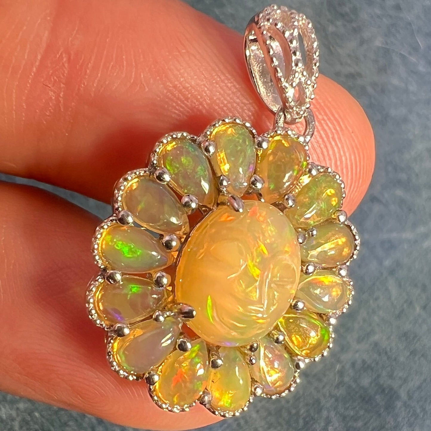 Ethiopian Opal Carved Face Moon Man Sunburst Pendant *Video*