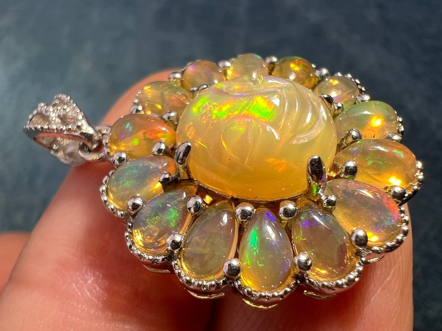 Ethiopian Opal Carved Face Moon Man Sunburst Pendant *Video*