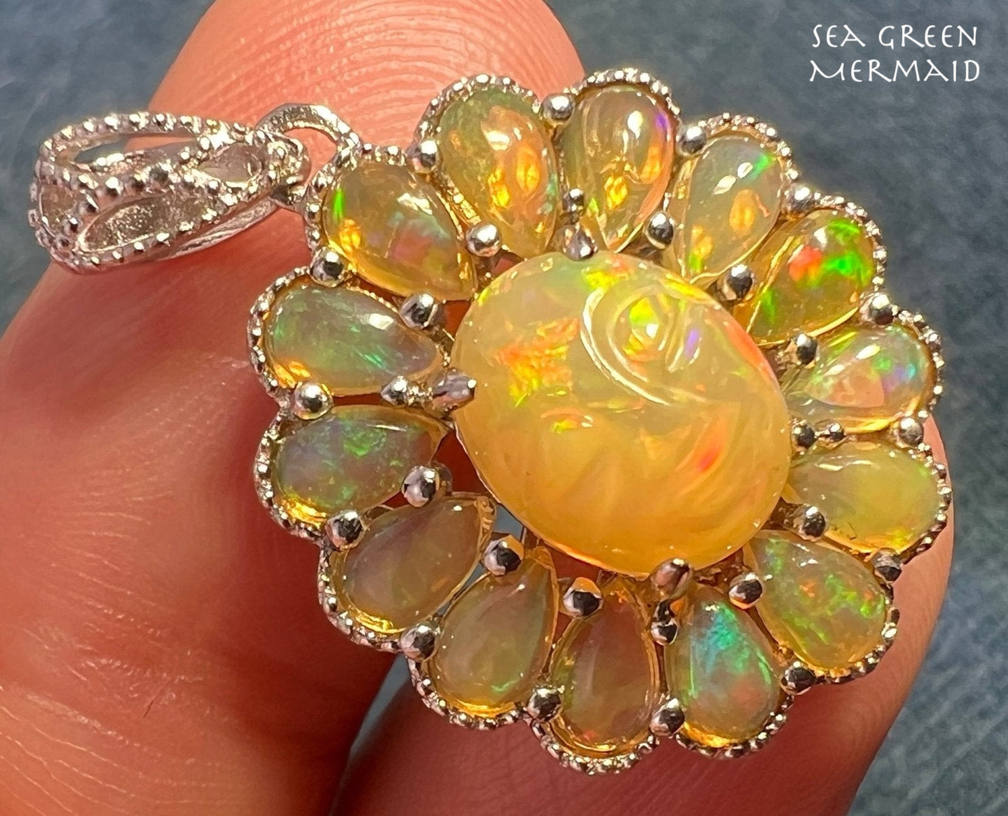 Ethiopian Opal Carved Face Moon Man Sunburst Pendant *Video*