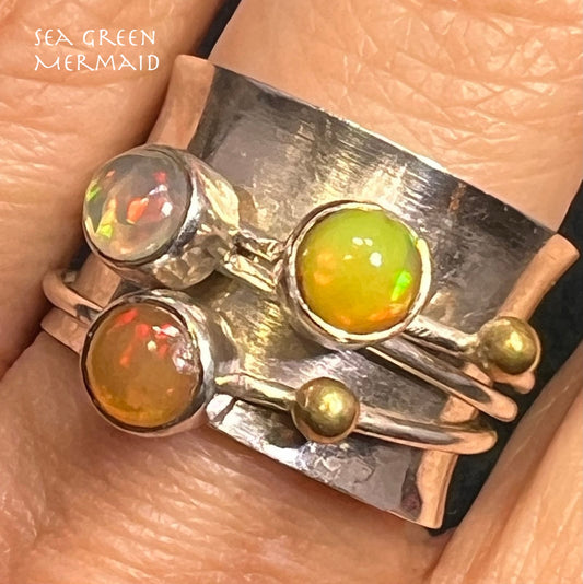Ethiopian Opal Spinner Fidget Ring. Wide Silver Cigar Band. *Video*