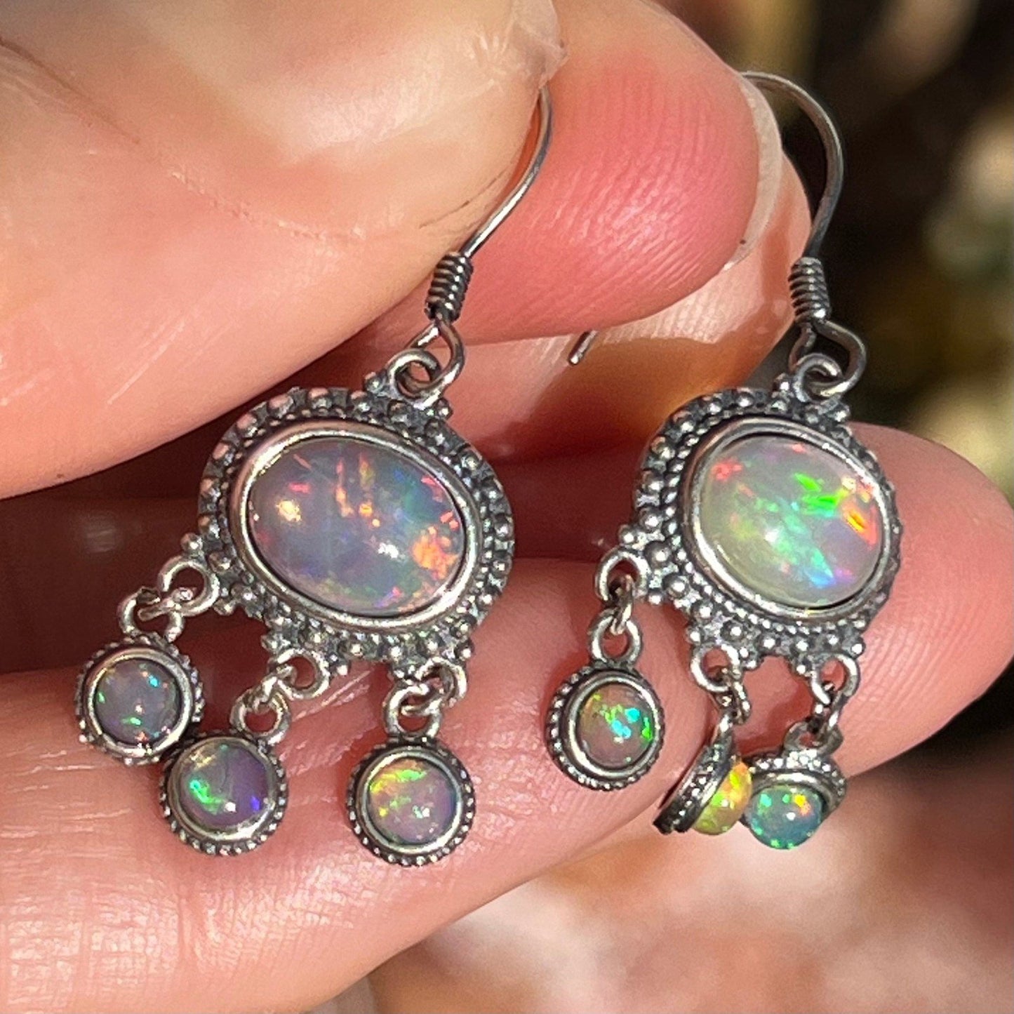 Ethiopian Welo Jelly Opal Chandelier 3-Dangle Earrings. Colorful *Video*