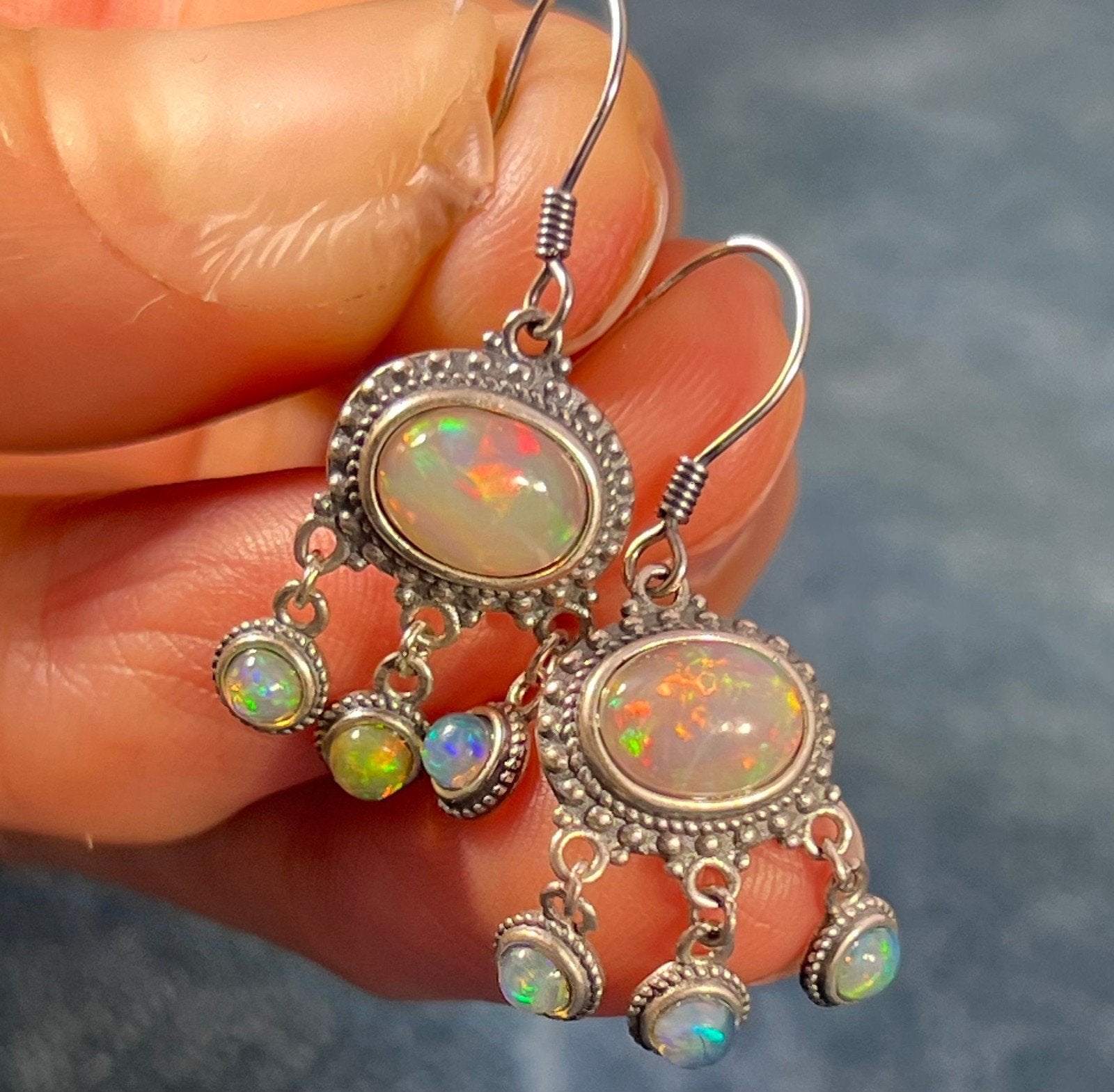 Ethiopian Welo Jelly Opal Chandelier 3-Dangle Earrings. Colorful *Video*