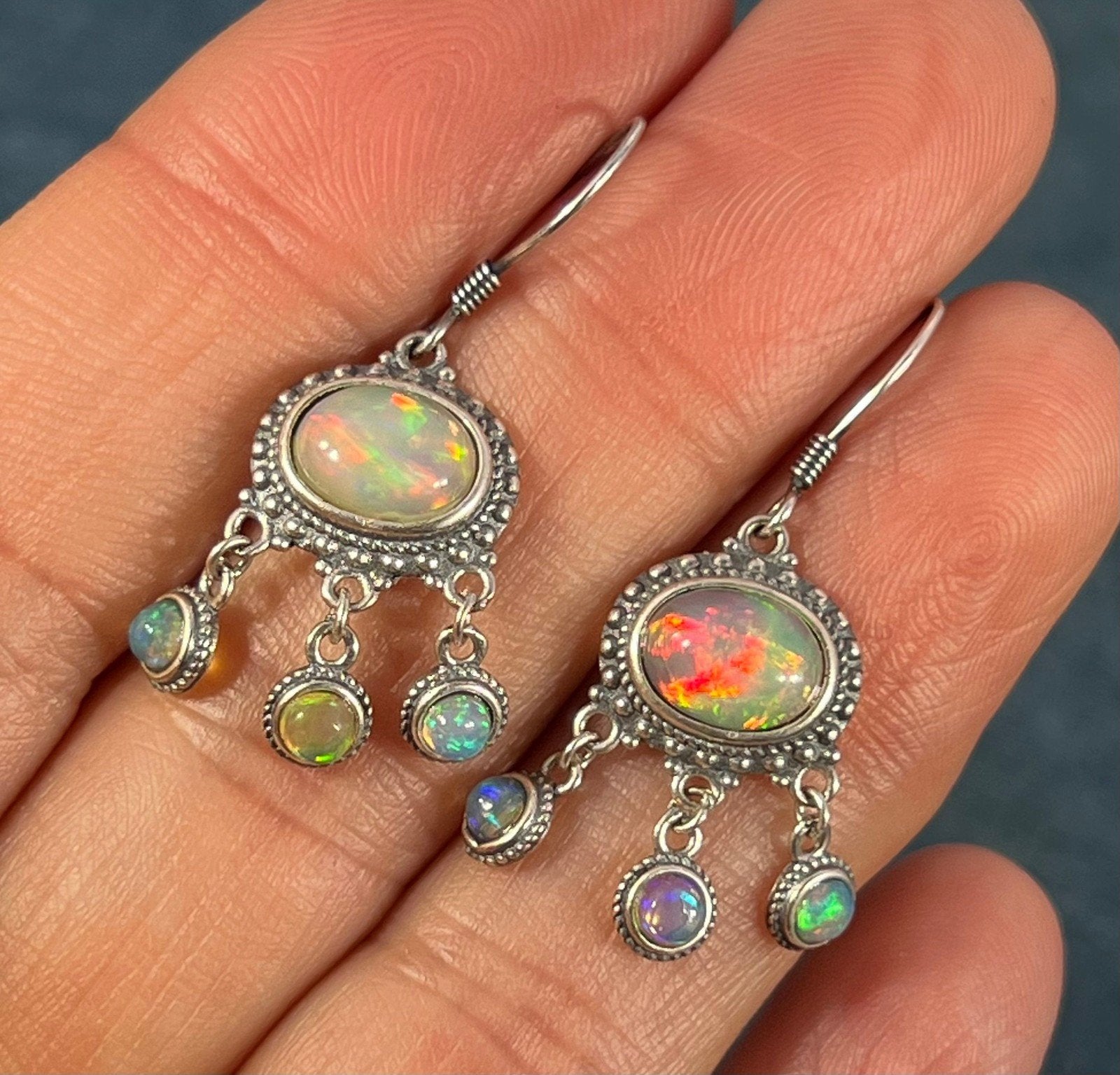 Ethiopian Welo Jelly Opal Chandelier 3-Dangle Earrings. Colorful *Video*