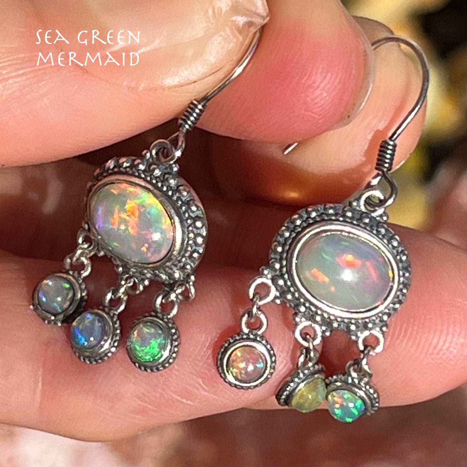 Ethiopian Welo Jelly Opal Chandelier 3-Dangle Earrings. Colorful *Video*