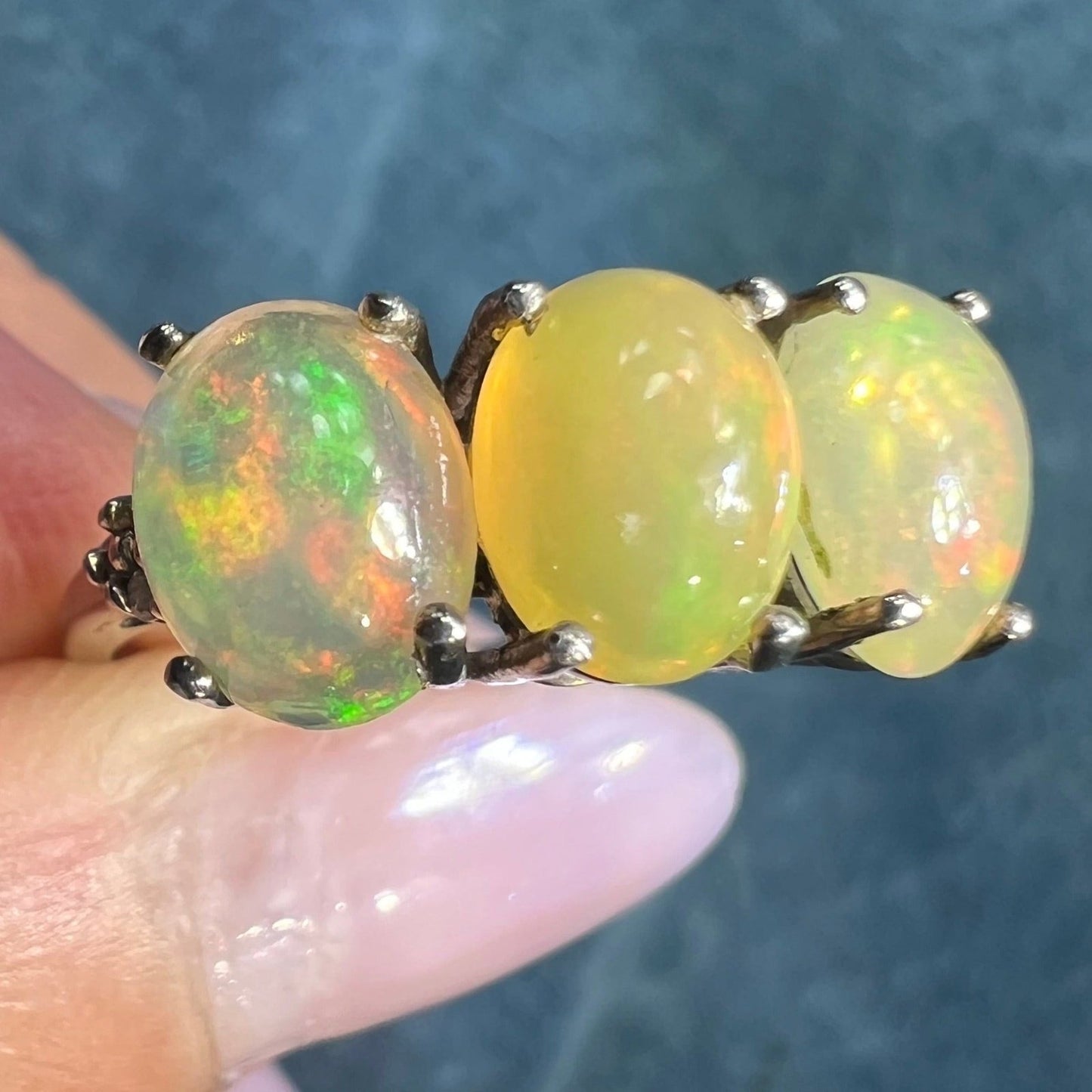 Ethiopian Welo Jelly Opal Ring in Silver. 3 Opal Band *Video*