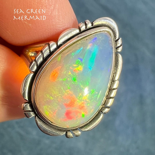 Ethiopian Welo Jelly Opal Silver Bezel Set Ring. 0.8" Teardrop *Video*