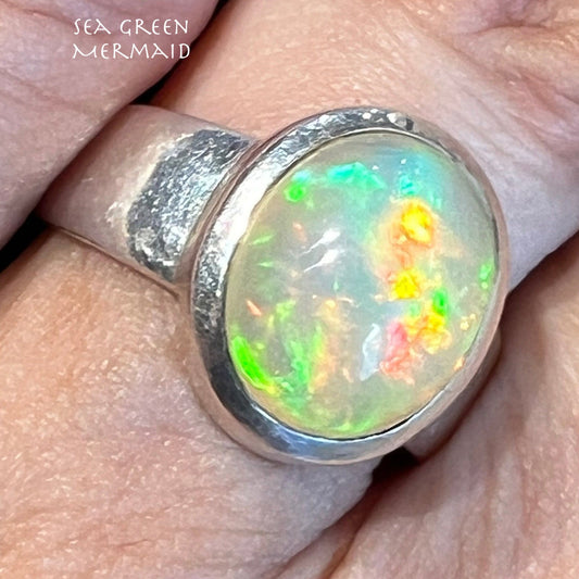 Ethiopian Welo Jelly Opal Silver Bezel Set Ring. 1/2" *Video*