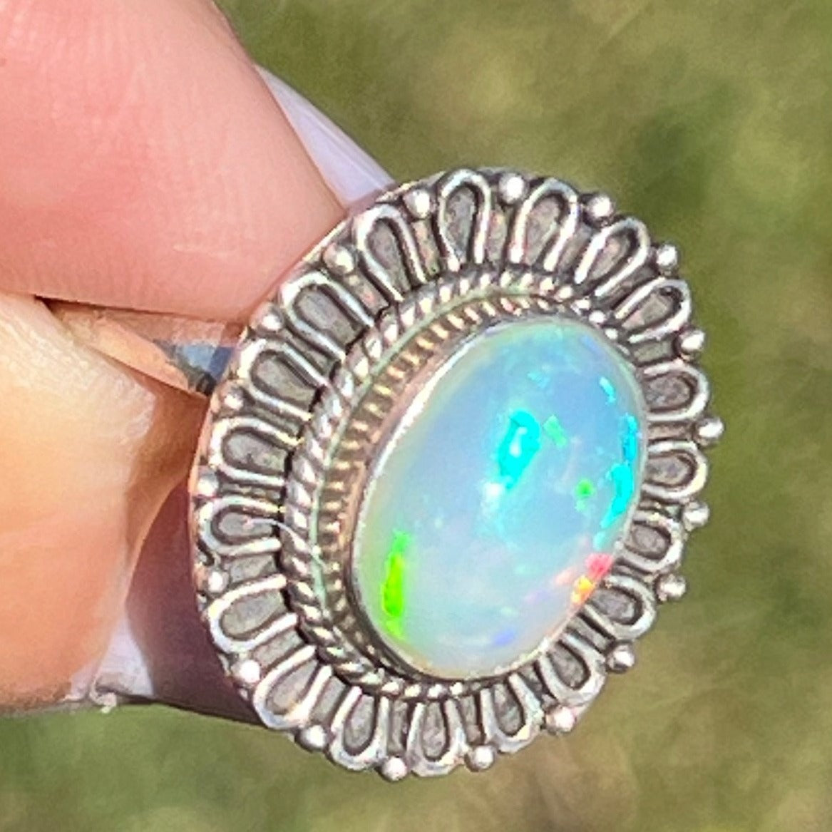 Ethiopian Welo Opal Ring with Flower Petal Bezel Frame. 3/4" *Video*