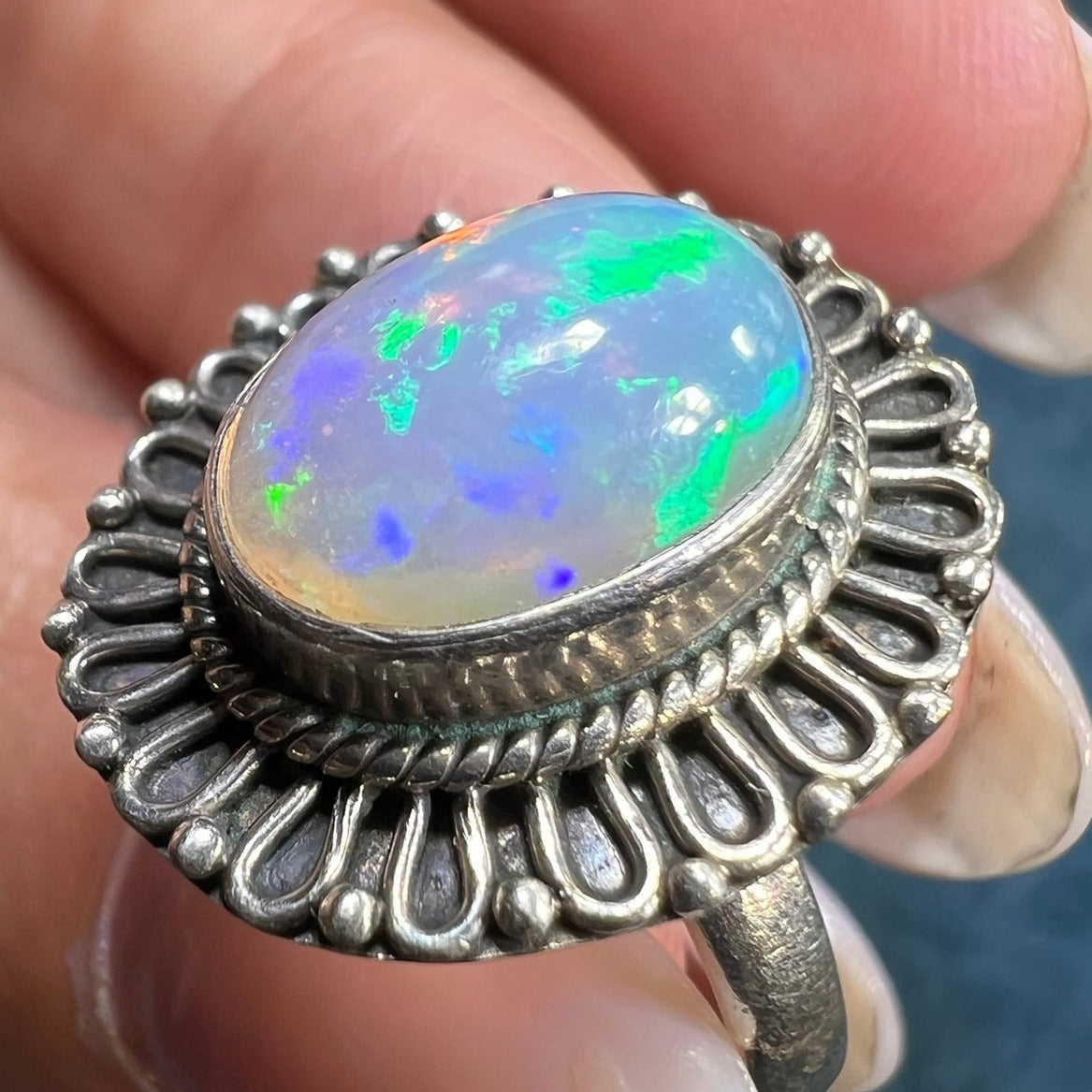 Ethiopian Welo Opal Ring with Flower Petal Bezel Frame. 3/4" *Video*