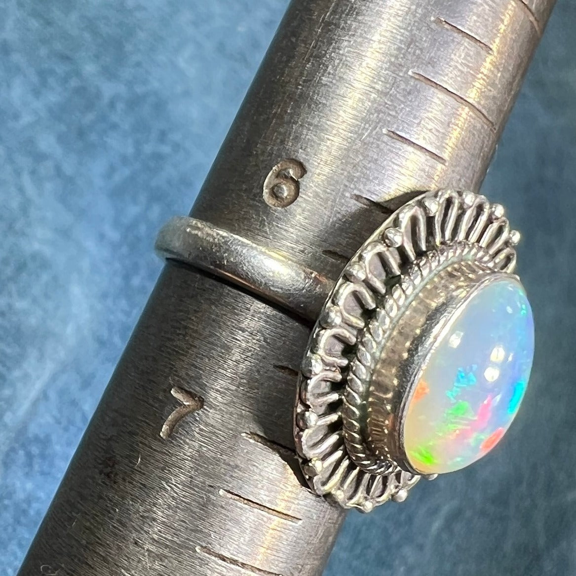 Ethiopian Welo Opal Ring with Flower Petal Bezel Frame. 3/4" *Video*