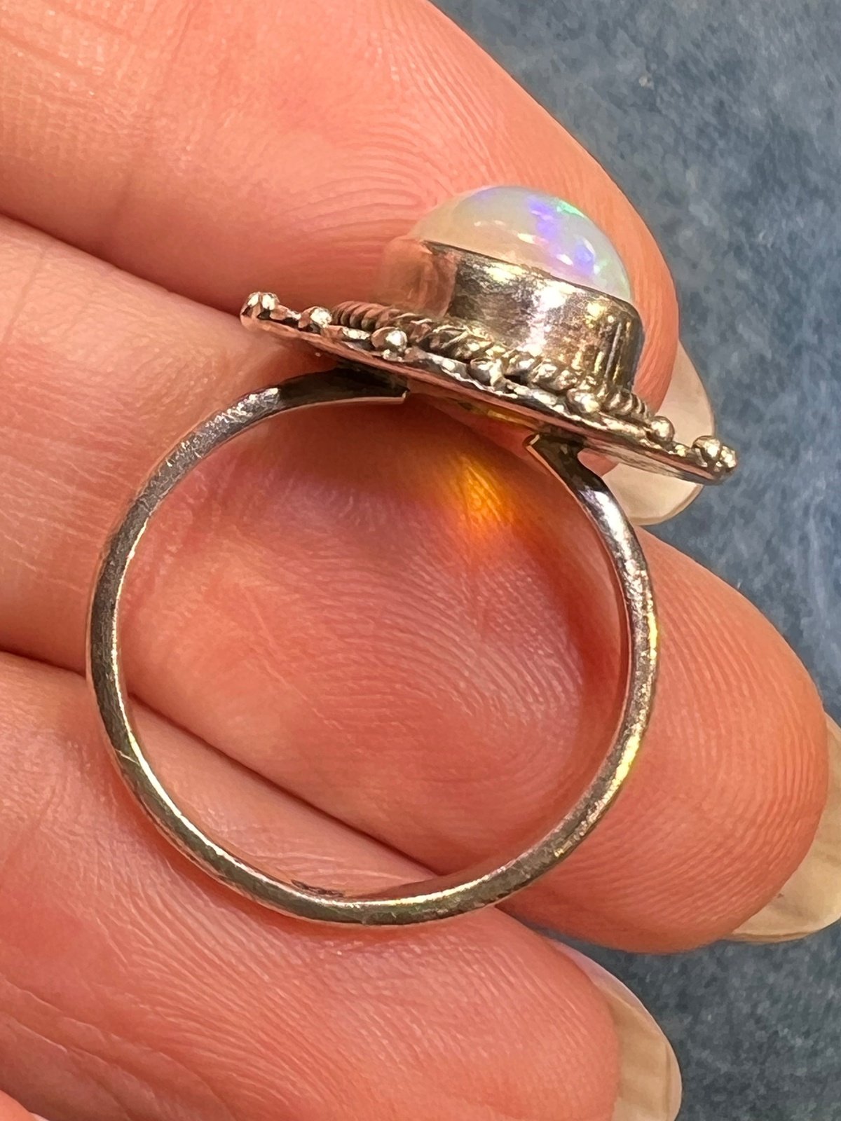 Ethiopian Welo Opal Ring with Flower Petal Bezel Frame. 3/4" *Video*