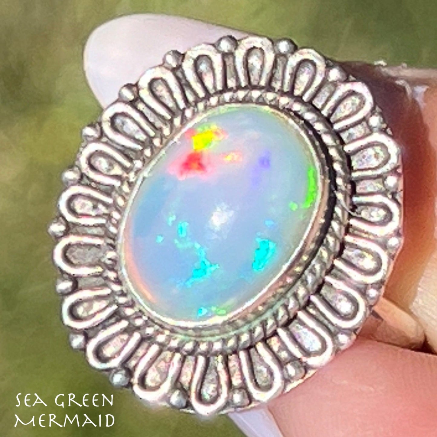 Ethiopian Welo Opal Ring with Flower Petal Bezel Frame. 3/4" *Video*