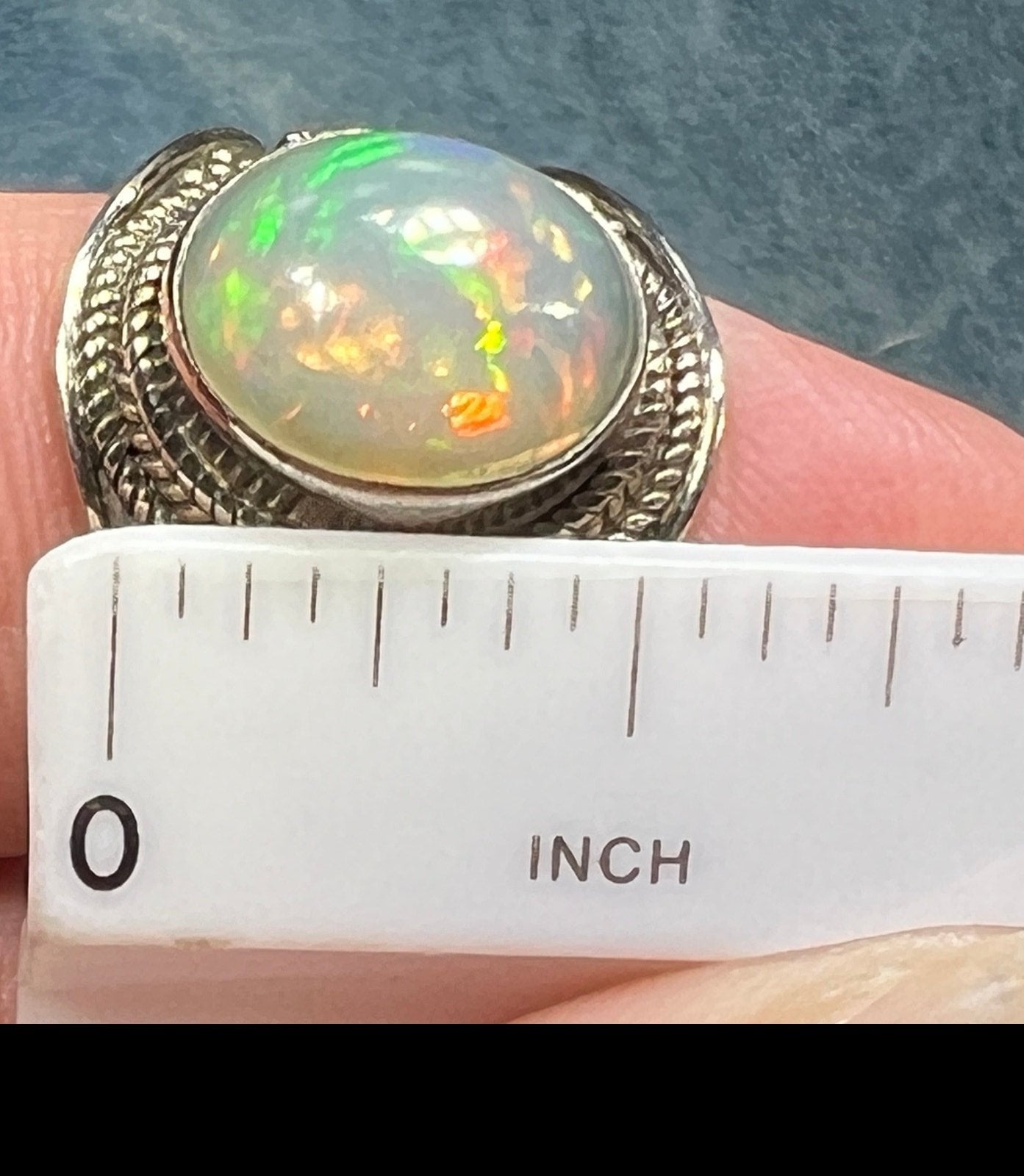 Ethiopian Welo Opal in Silver Bali Bead Ring. Wide Cigar Band