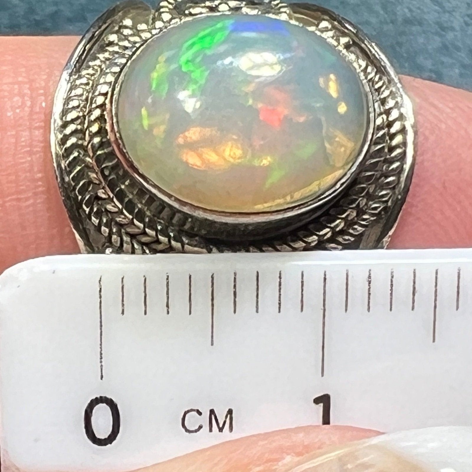 Ethiopian Welo Opal in Silver Bali Bead Ring. Wide Cigar Band