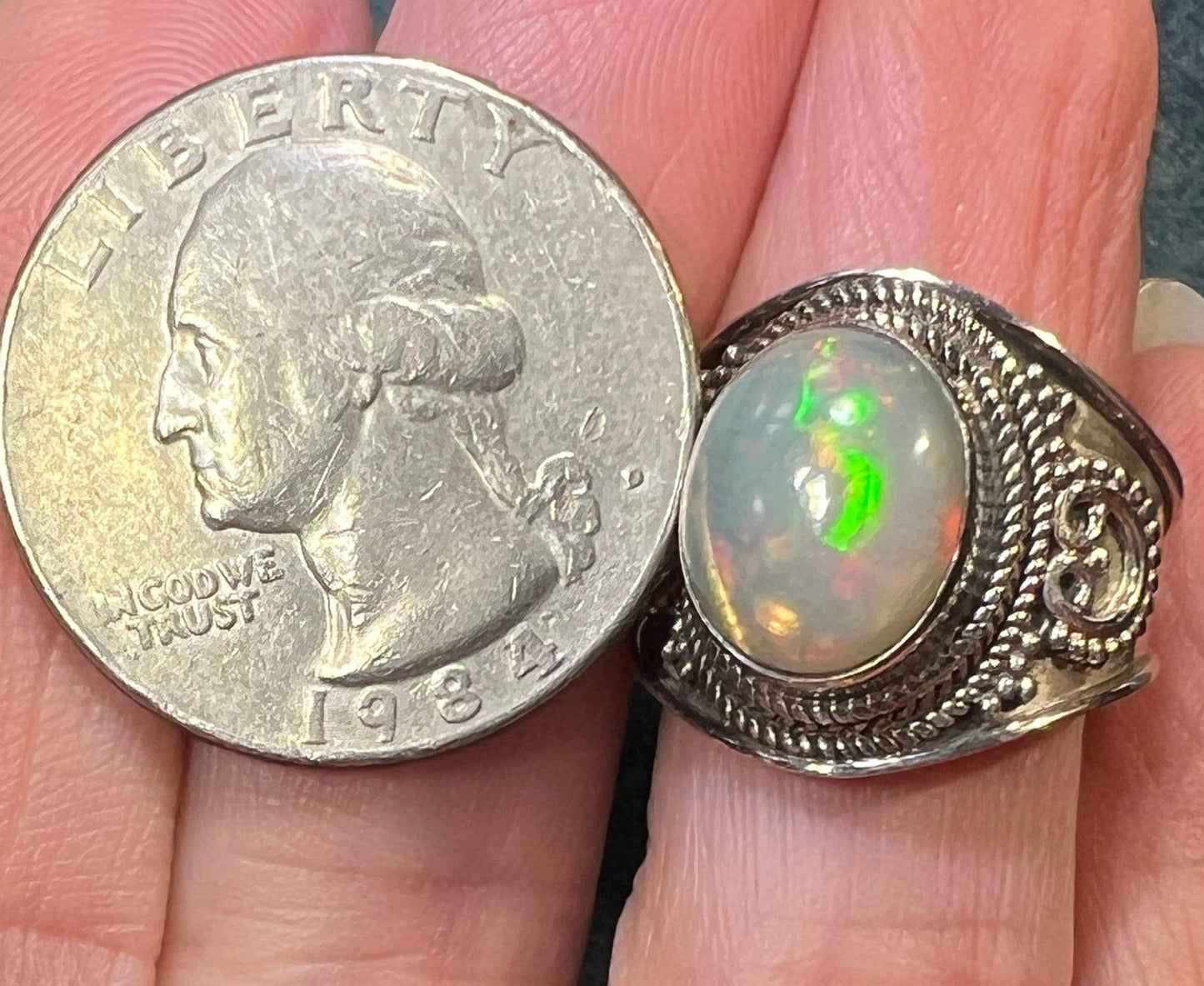 Ethiopian Welo Opal in Silver Bali Bead Ring. Wide Cigar Band