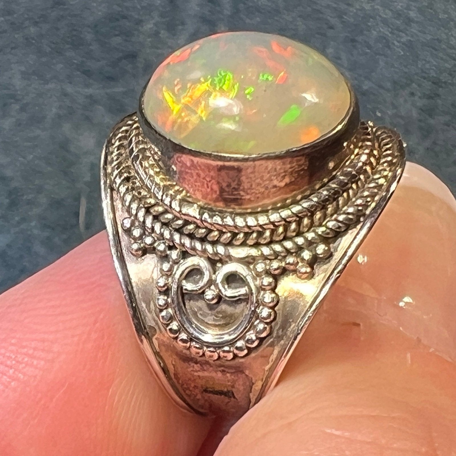 Ethiopian Welo Opal in Silver Bali Bead Ring. Wide Cigar Band