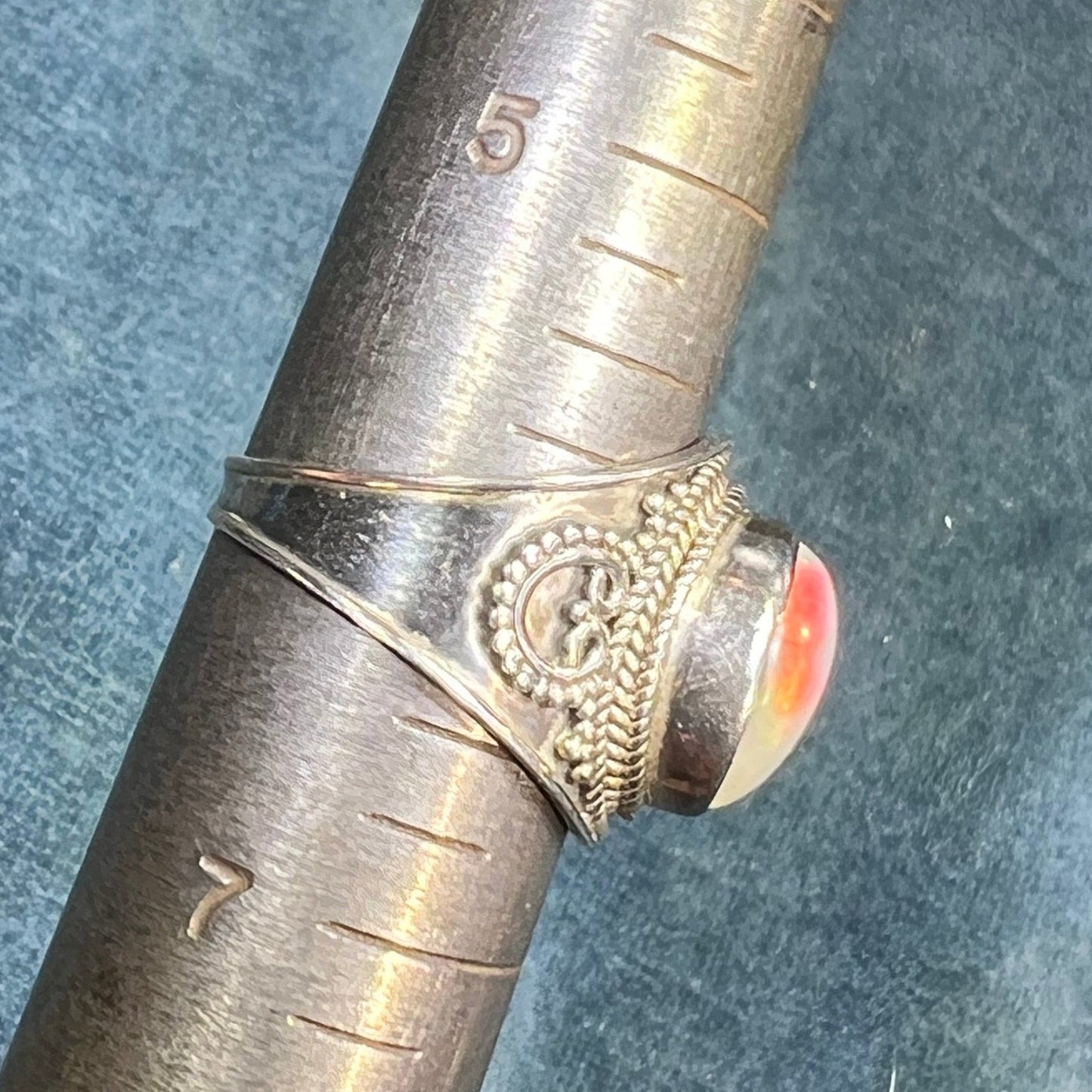 Ethiopian Welo Opal in Silver Bali Bead Ring. Wide Cigar Band