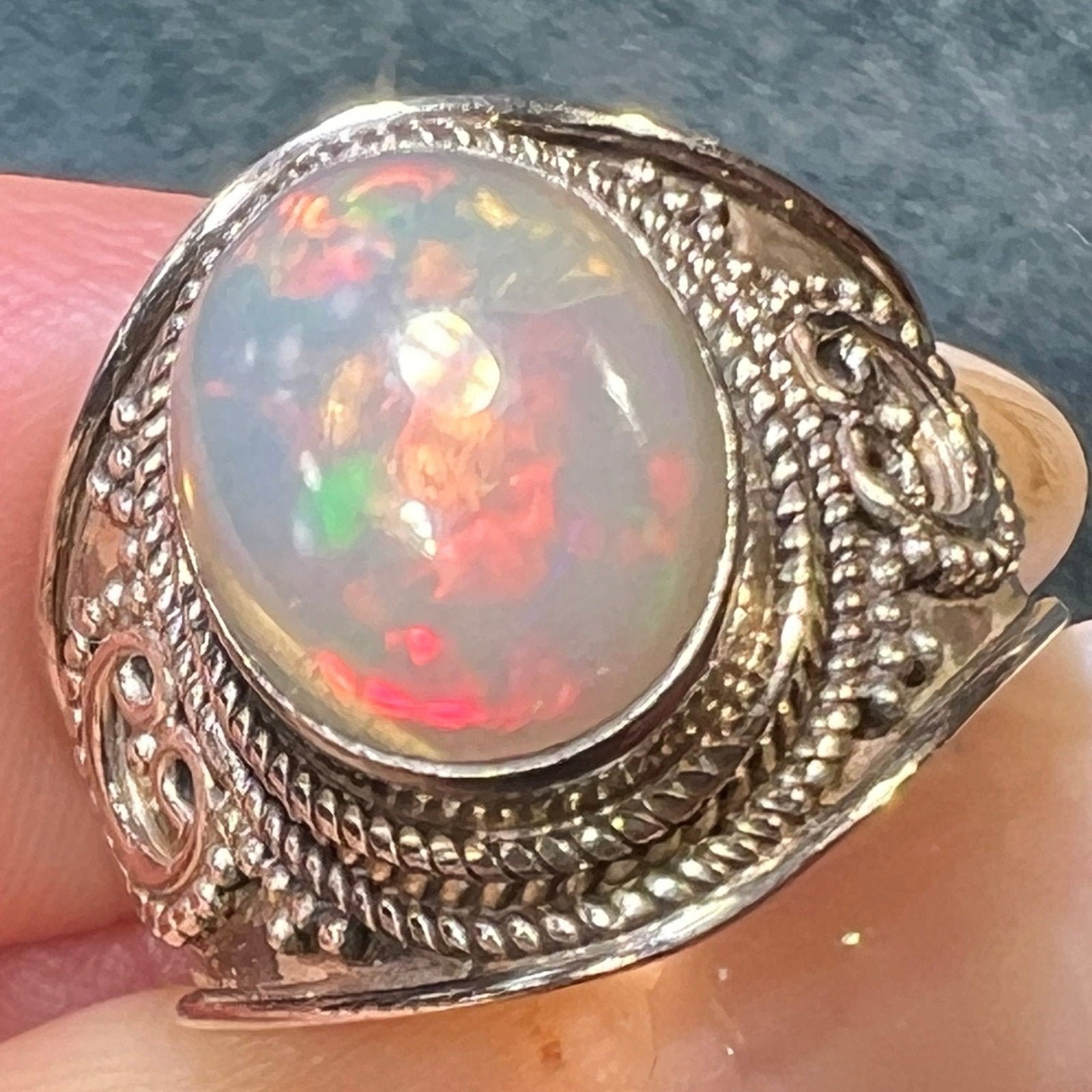 Ethiopian Welo Opal in Silver Bali Bead Ring. Wide Cigar Band