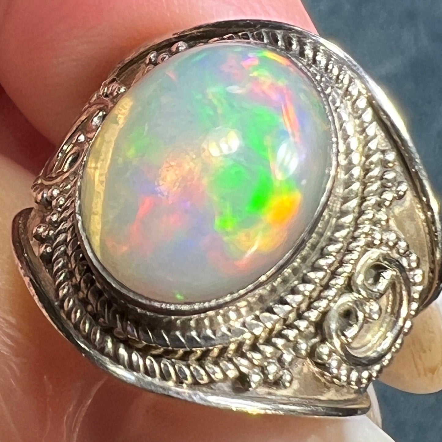 Ethiopian Welo Opal in Silver Bali Bead Ring. Wide Cigar Band