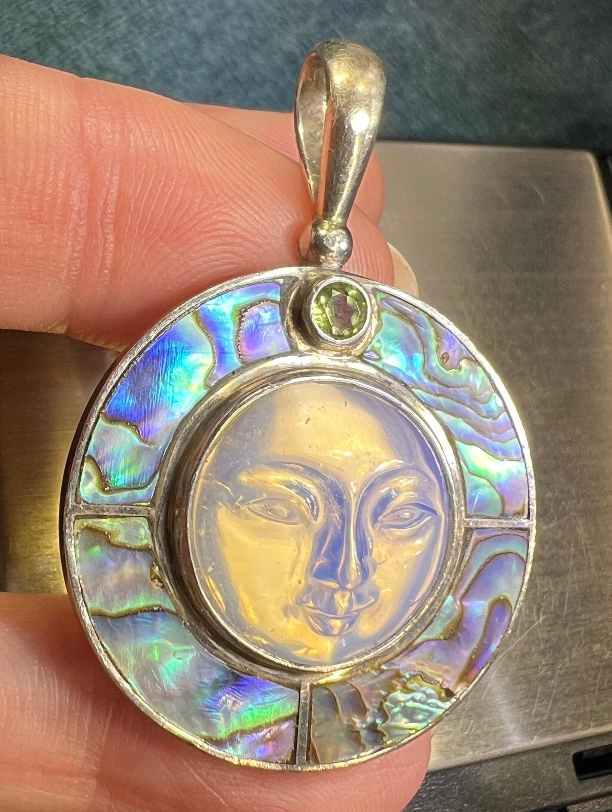 Goddess "Man in Moon" Face SAJEN Pendant w Paua Shell. 1.7"