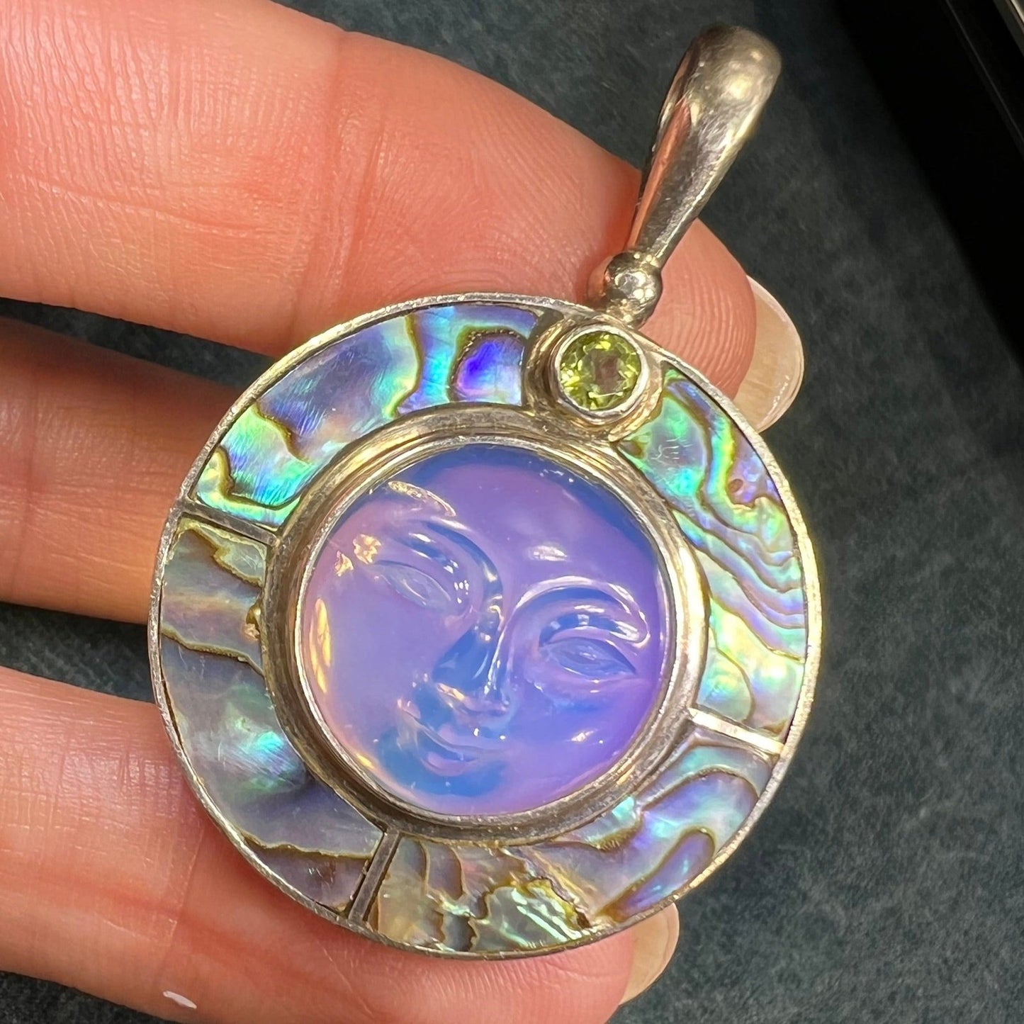 Goddess "Man in Moon" Face SAJEN Pendant w Paua Shell. 1.7"