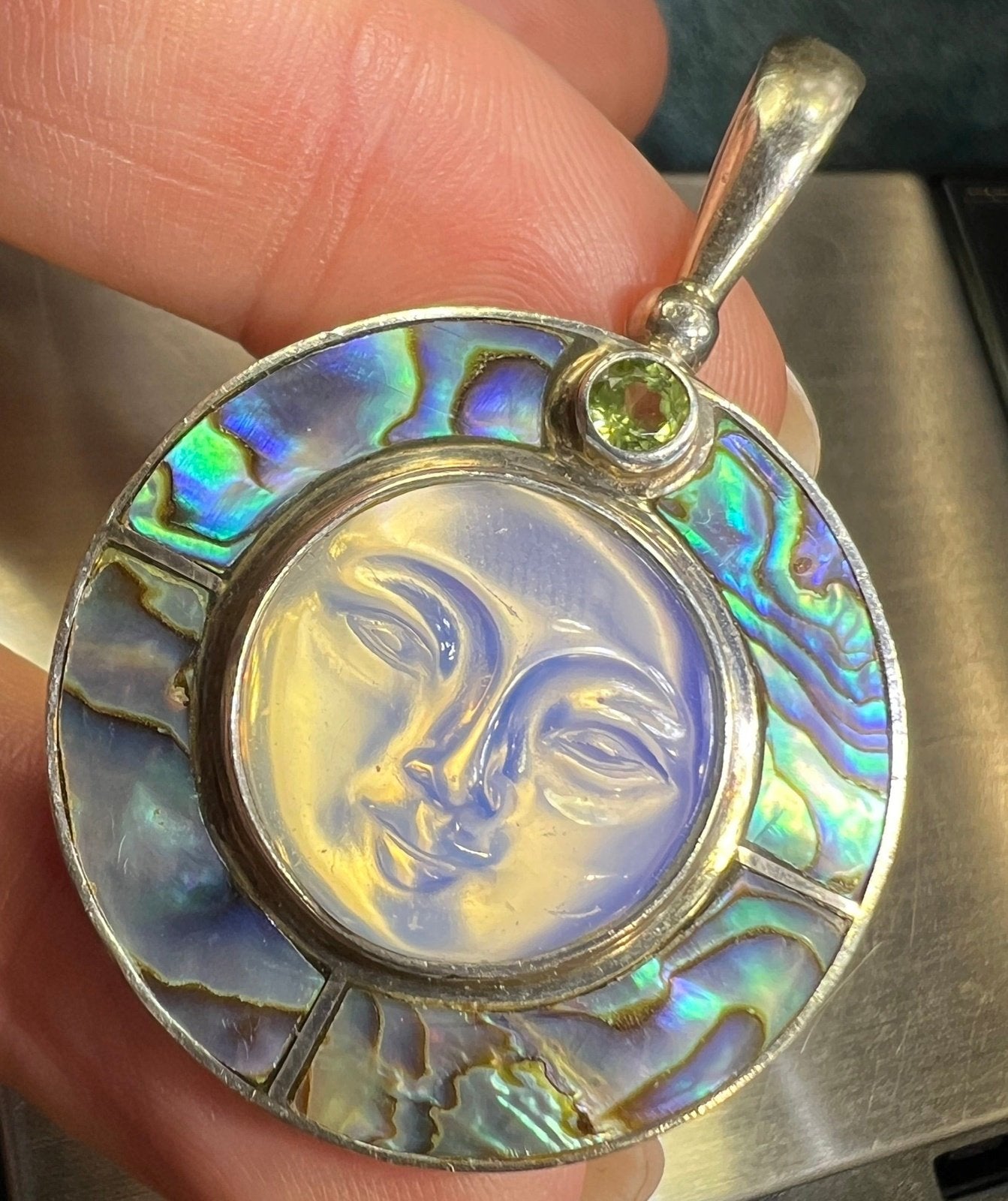 Goddess "Man in Moon" Face SAJEN Pendant w Paua Shell. 1.7"