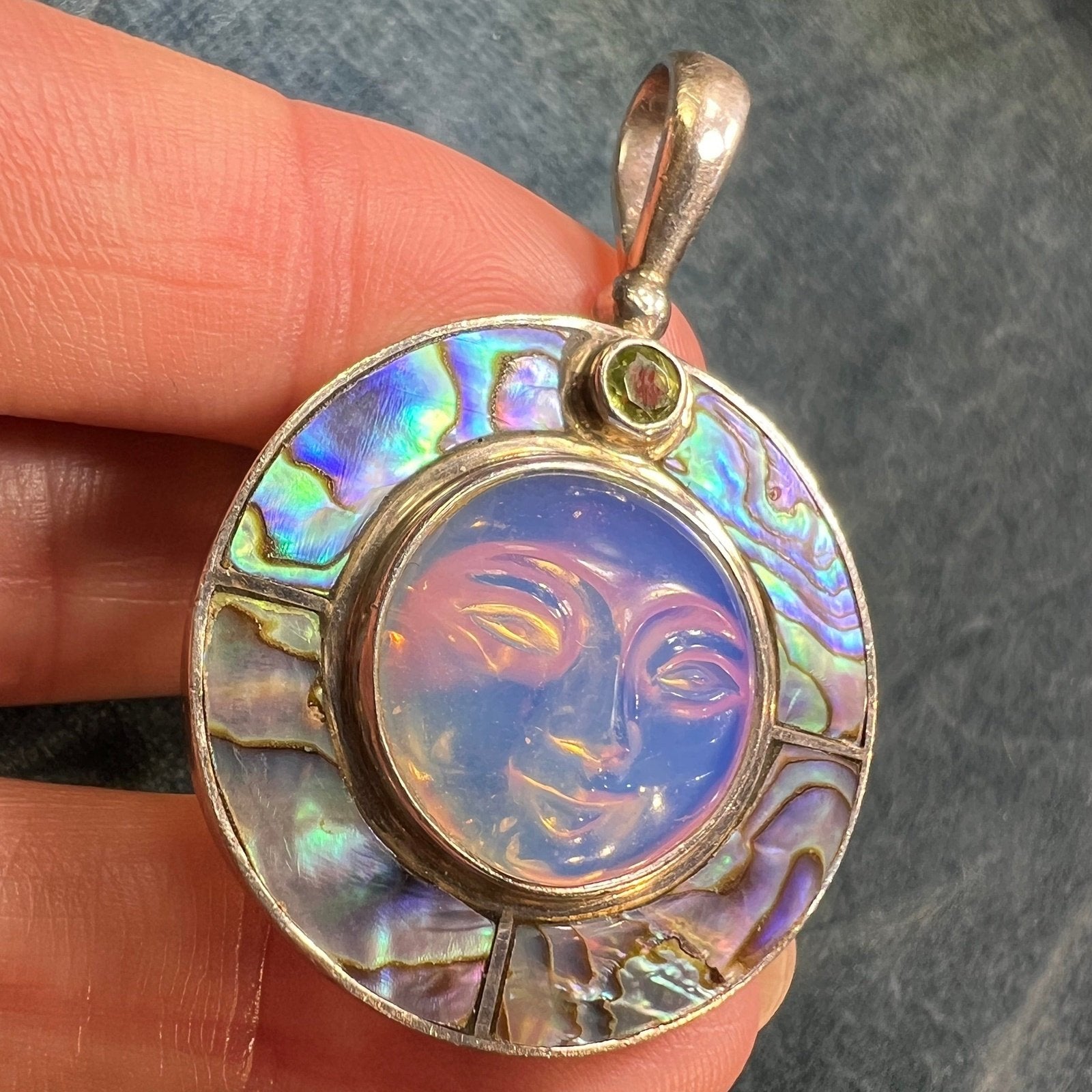 Goddess "Man in Moon" Face SAJEN Pendant w Paua Shell. 1.7"