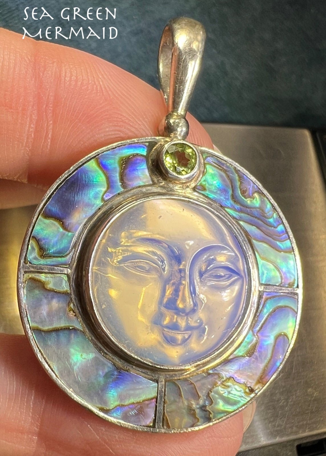 Goddess "Man in Moon" Face SAJEN Pendant w Paua Shell. 1.7"