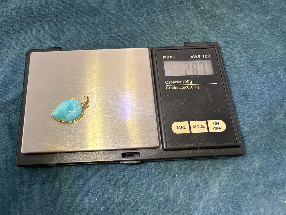 10k Yellow Gold Robins Egg Blue Larimar Pendant. 1" Teardrop