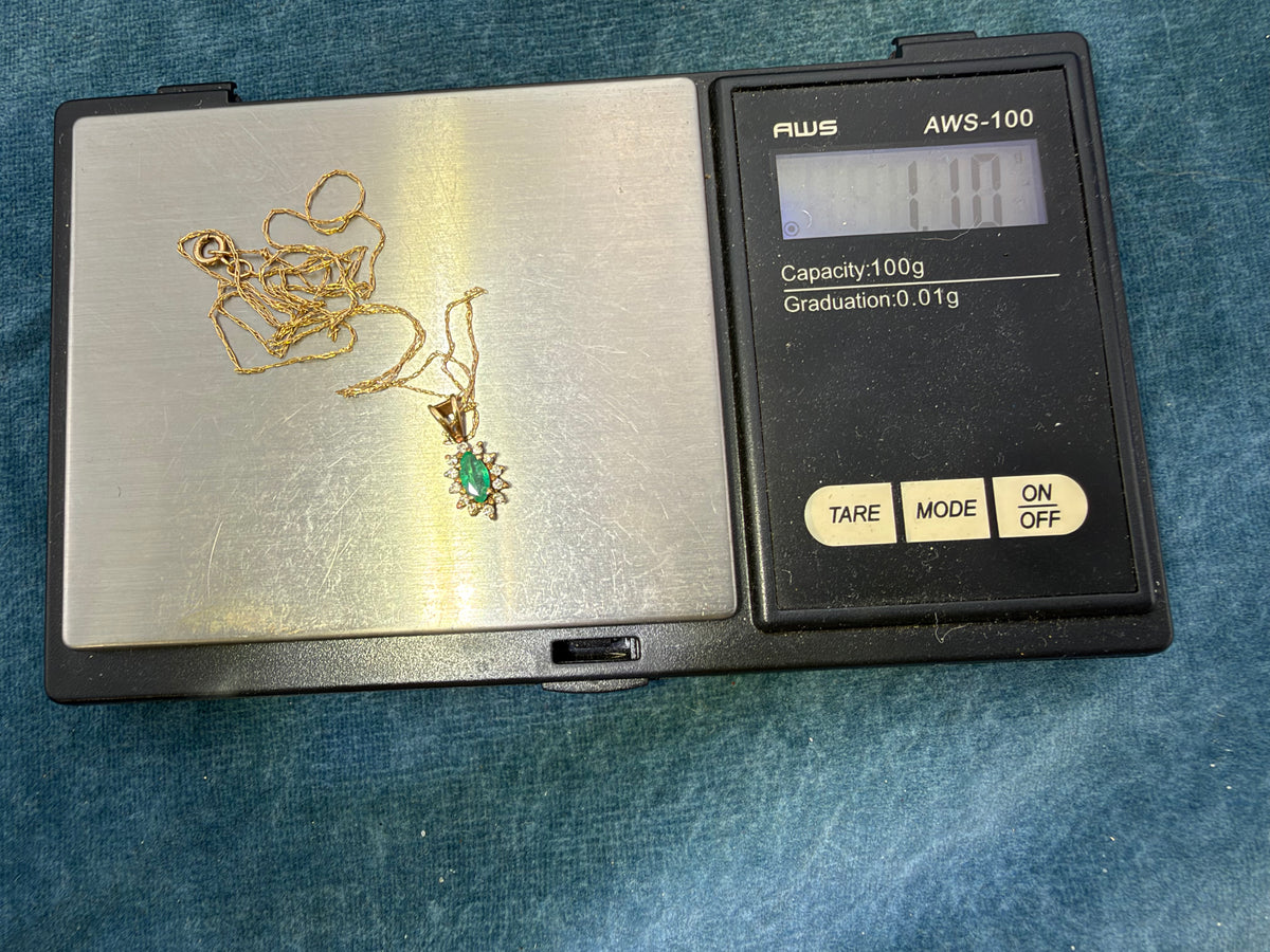 14k Gold Natural Emerald & Diamond Halo Small Pendant. Free 10k Chain!