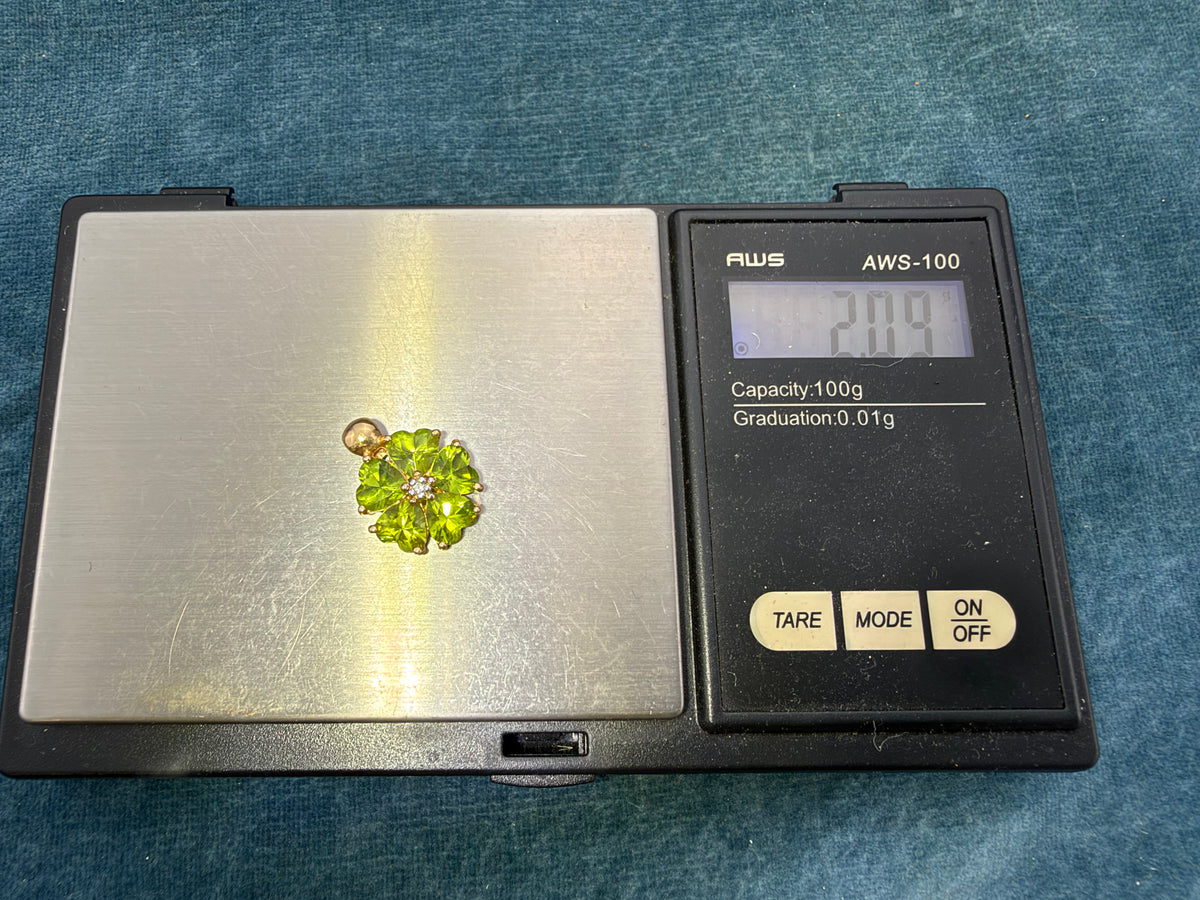 14k Yellow Gold Peridot + Diamond Pendant. Heart Flower Petals