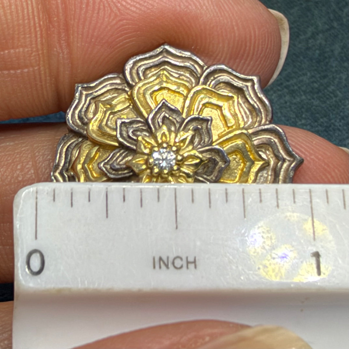 18k Yellow Gold + Silver Diamond Mandala Flower Ring. 1" + 12g
